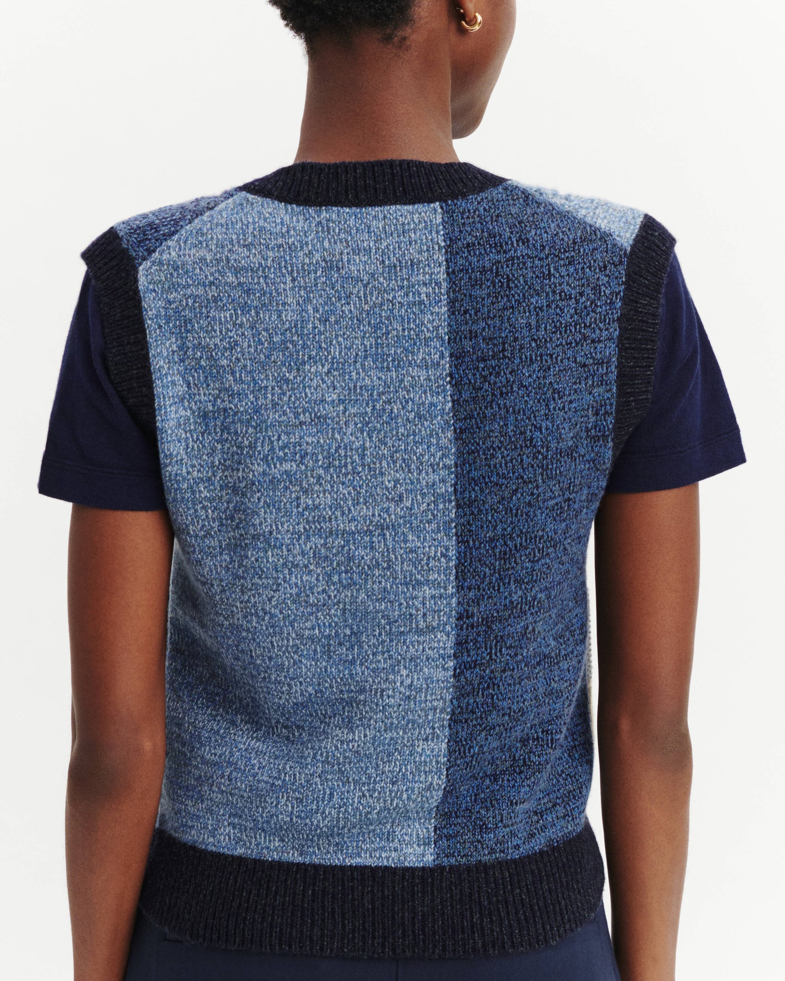 Pull sans manches patchwork-MARINE/BLEU DE DELFT-100% cachemire