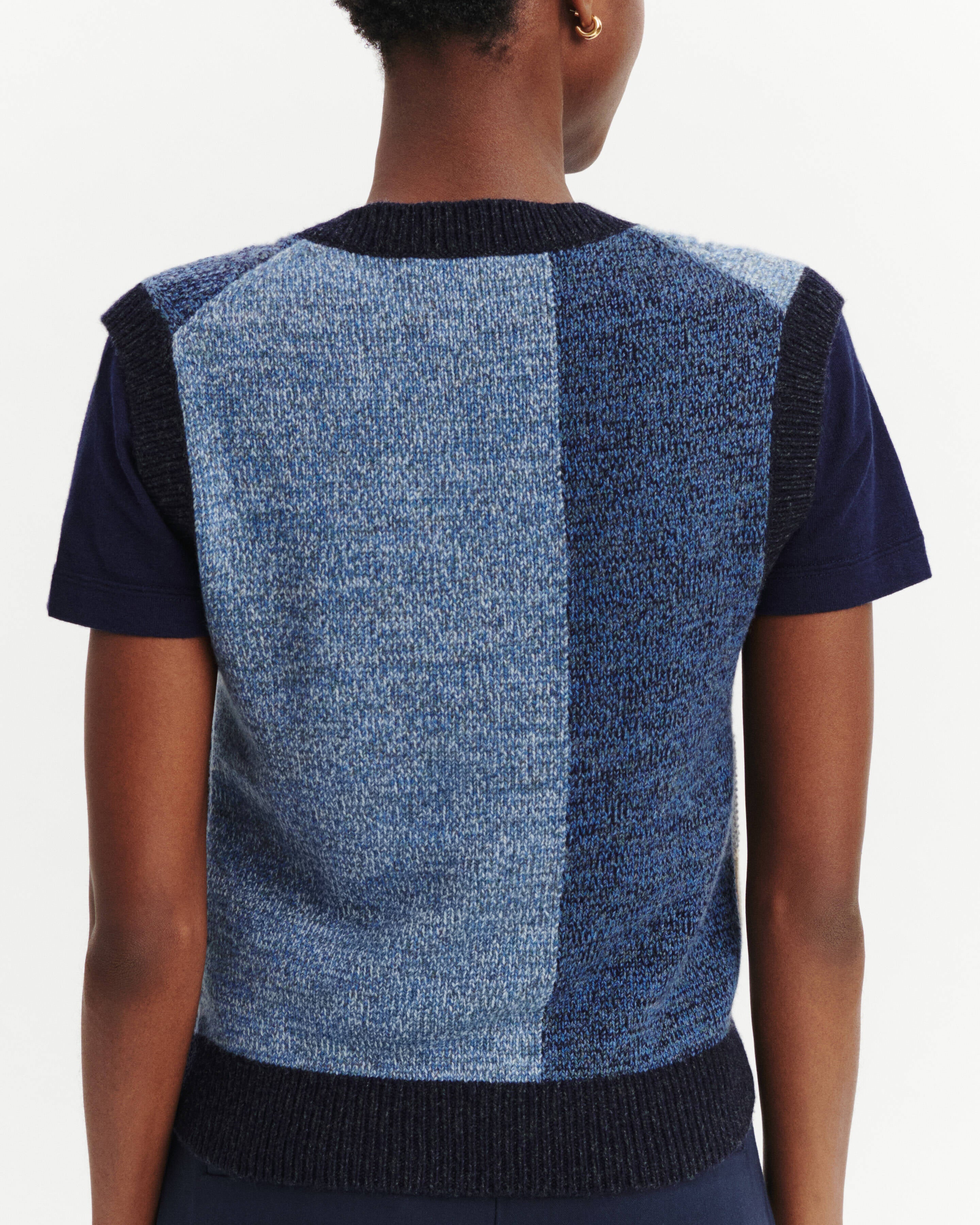 Pull sans manches patchwork-MARINE/BLEU DE DELFT-100% cachemire