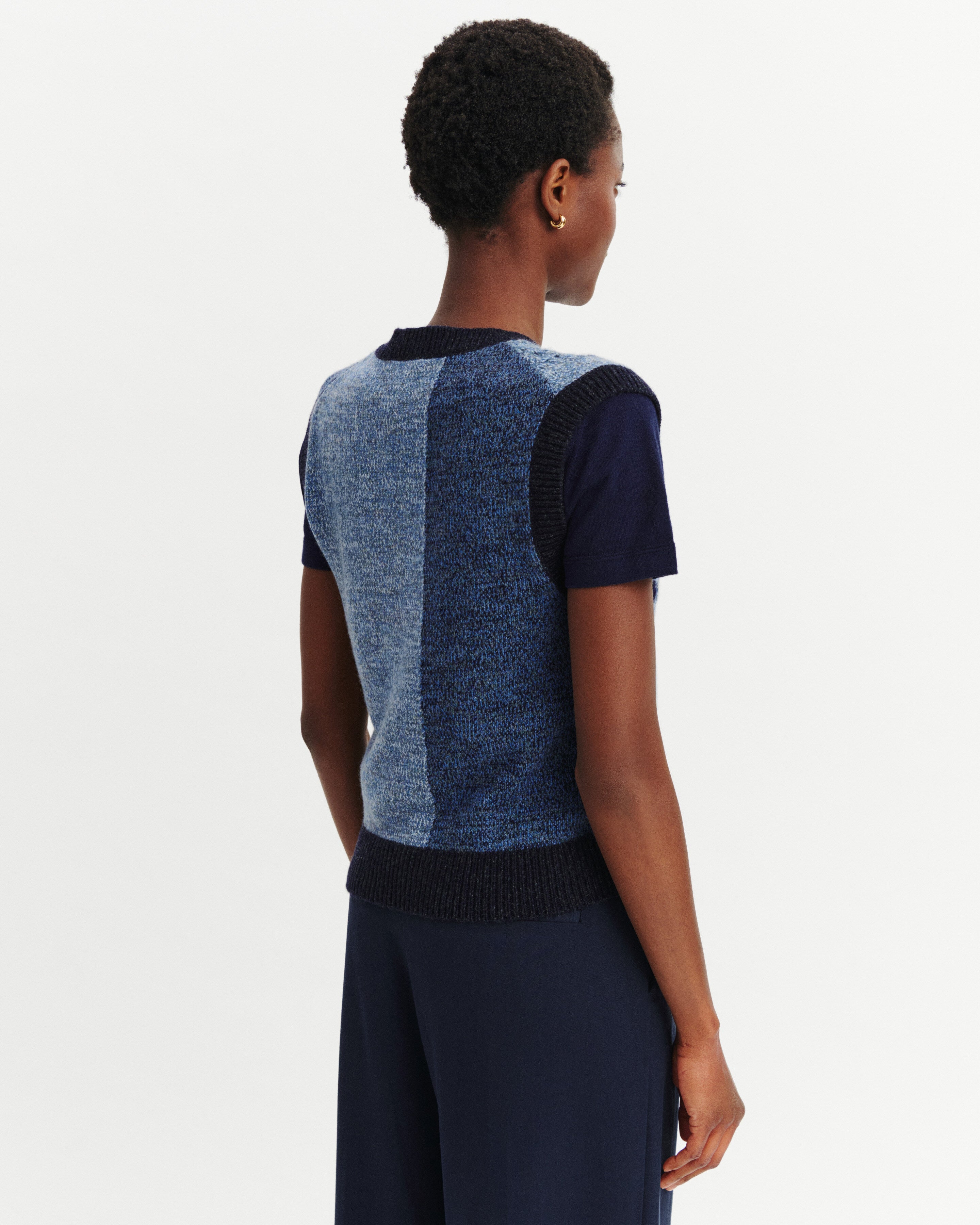 Pull sans manches patchwork-MARINE/BLEU DE DELFT-100% cachemire