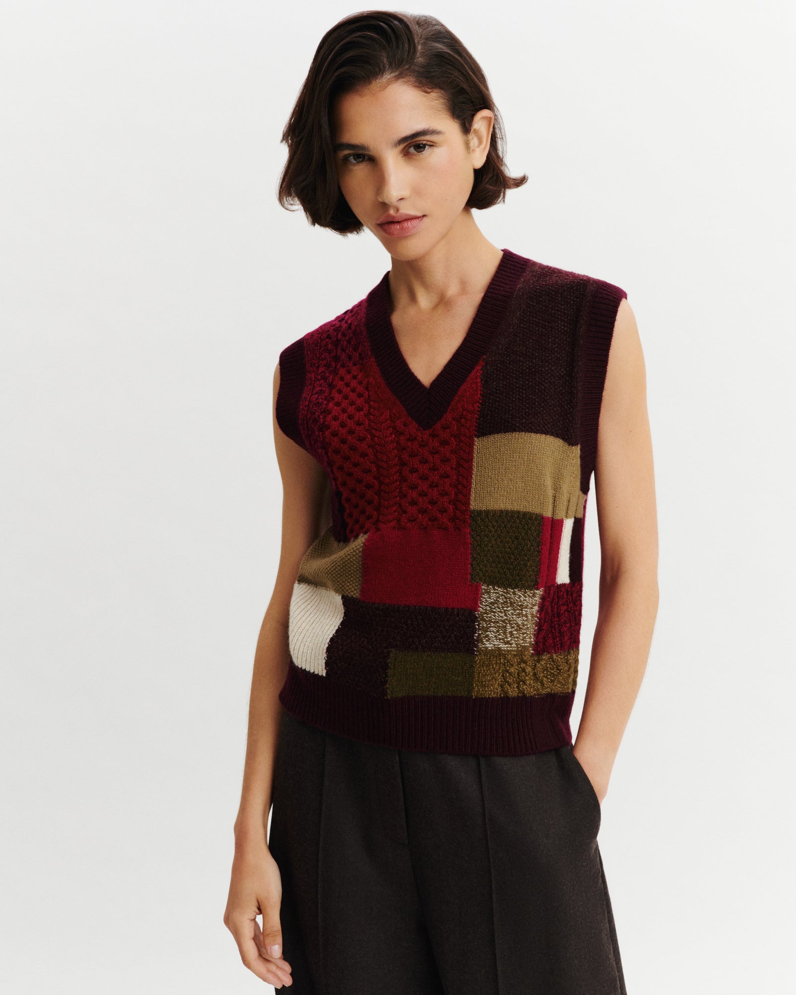 Pull sans manches patchwork-GRENAT/POURPRE-100% cachemire