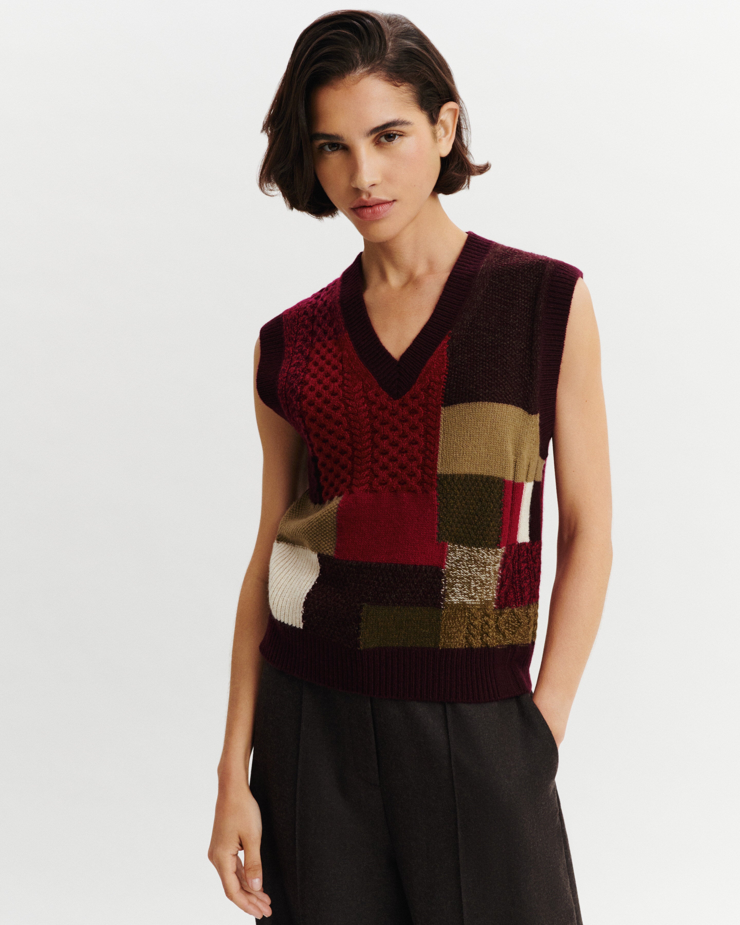 Pull sans manches patchwork-GRENAT/POURPRE-100% cachemire