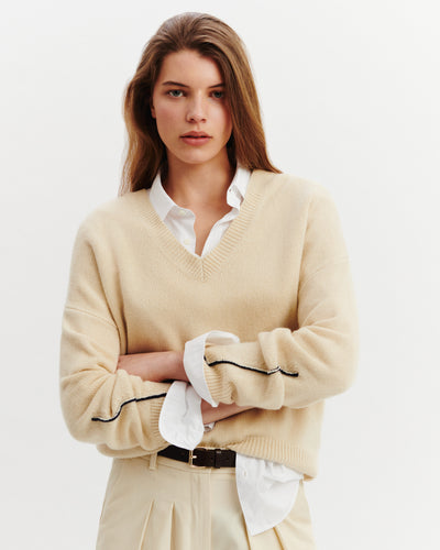 Pull col V Lily-ECRU VINTAGE/MARINE-100% cachemire