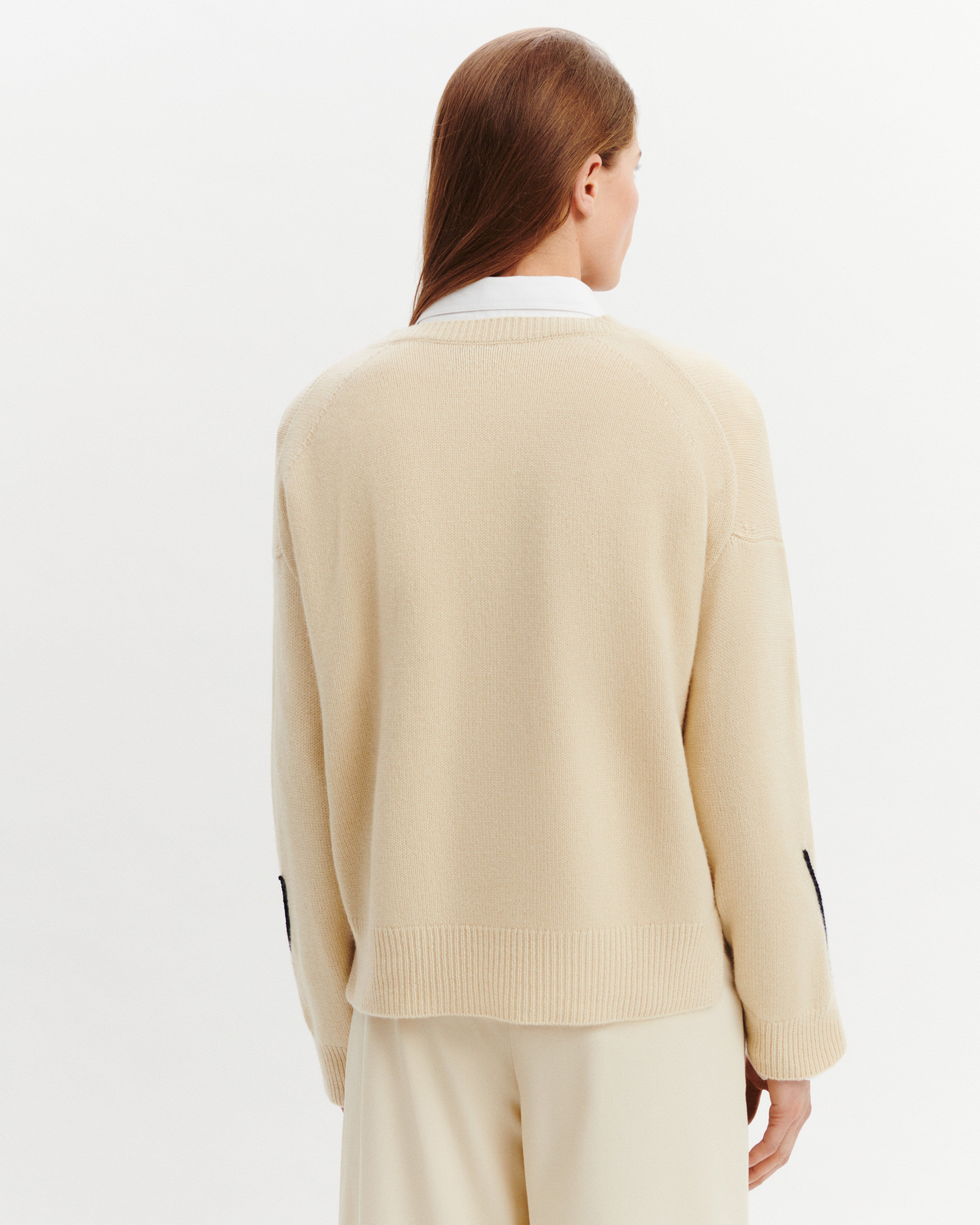 Pull col V Lily-ECRU VINTAGE/MARINE-100% cachemire