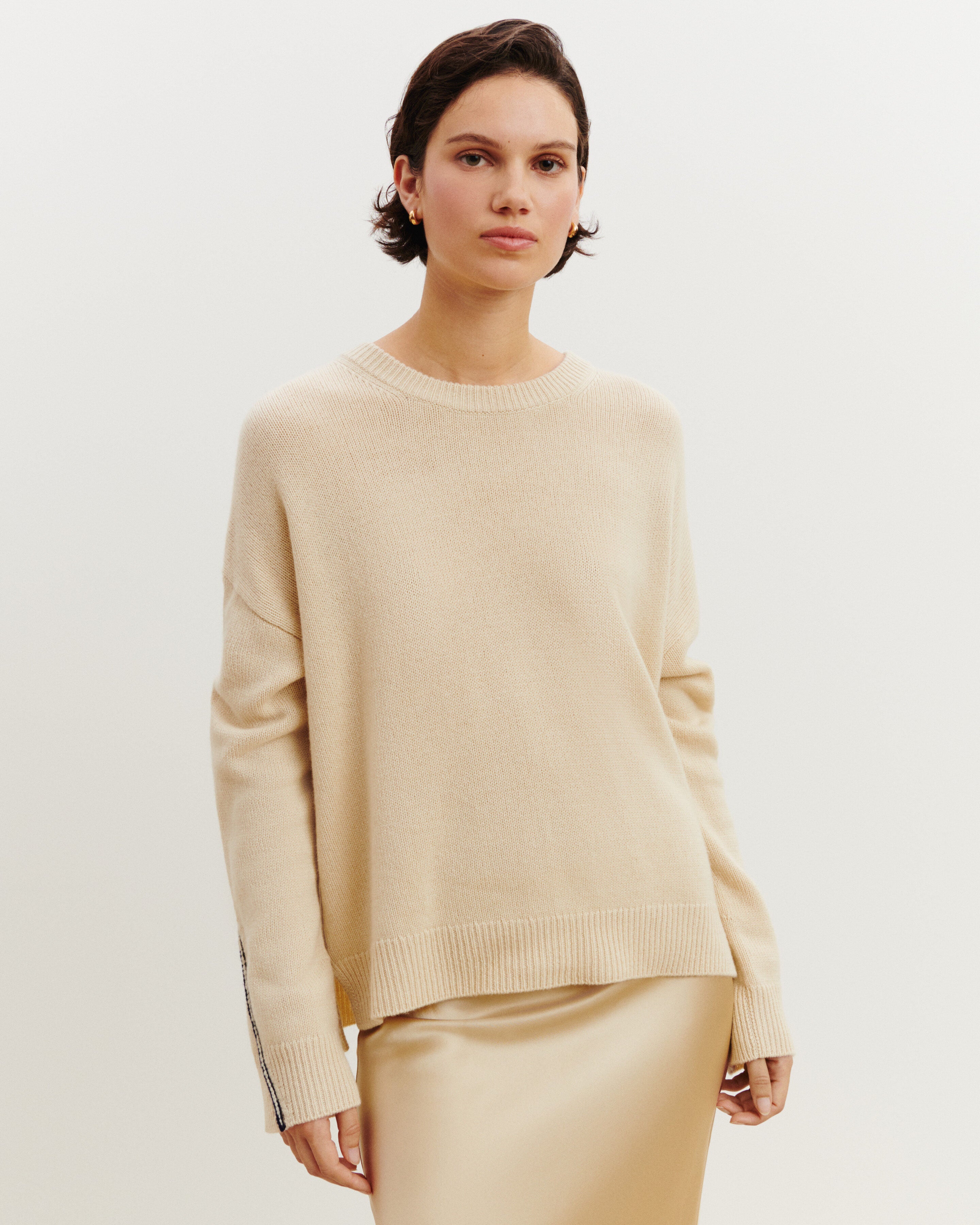Pull col rond Léonie-ECRU VINTAGE/MARINE-100% cachemire