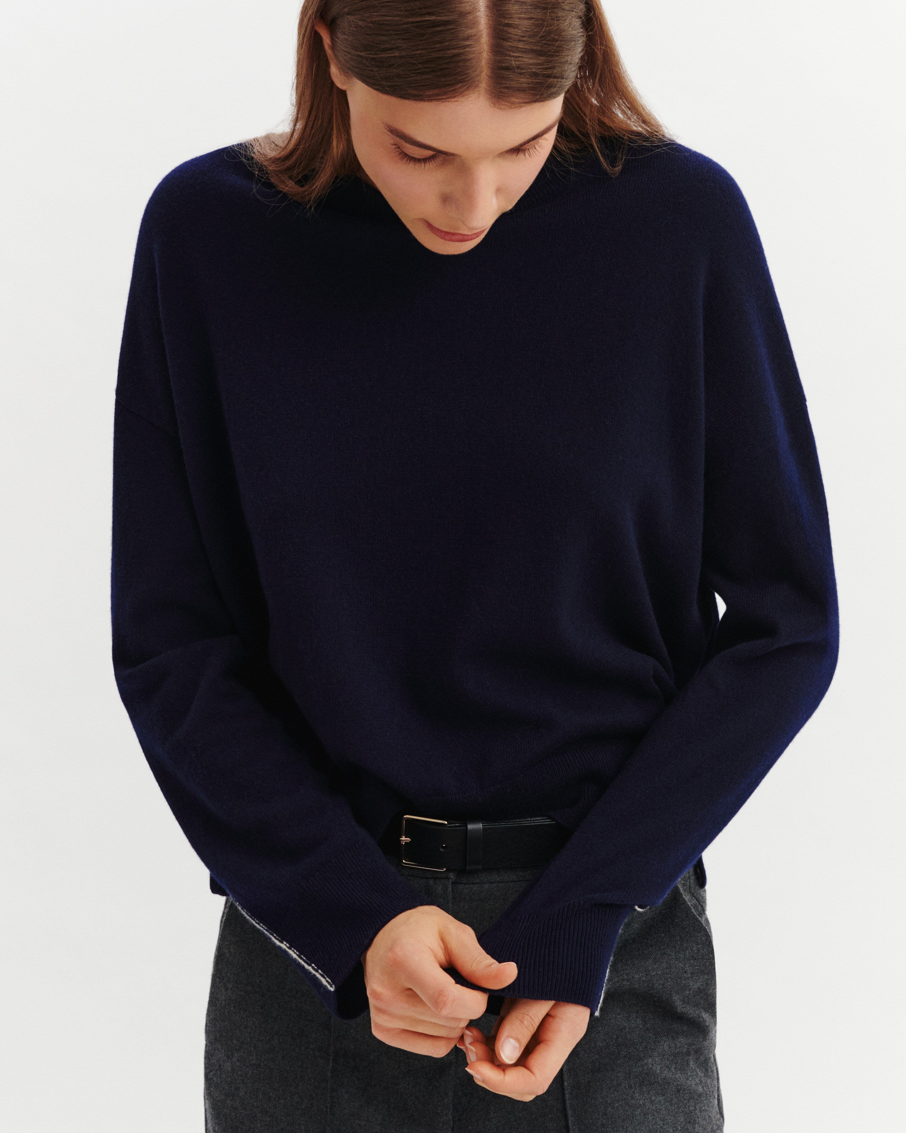 Pull col rond Célèste-MARINE/AVOINE-100% cachemire