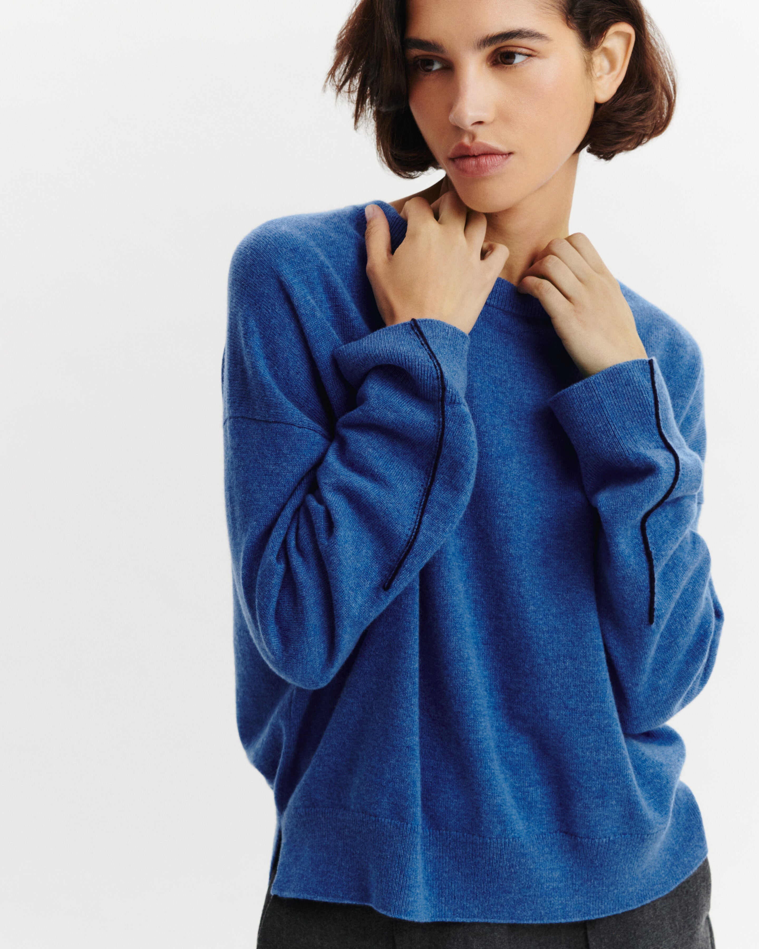 Pull col rond Célèste-BLEU DE DELFT/MARINE-100% cachemire