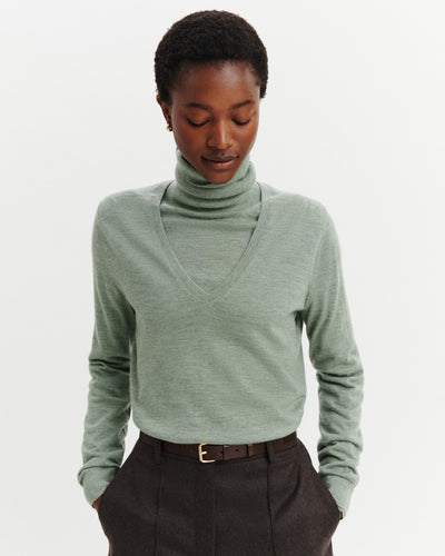 Pull col V Faustine-VERT DE GRIS-100% cachemire