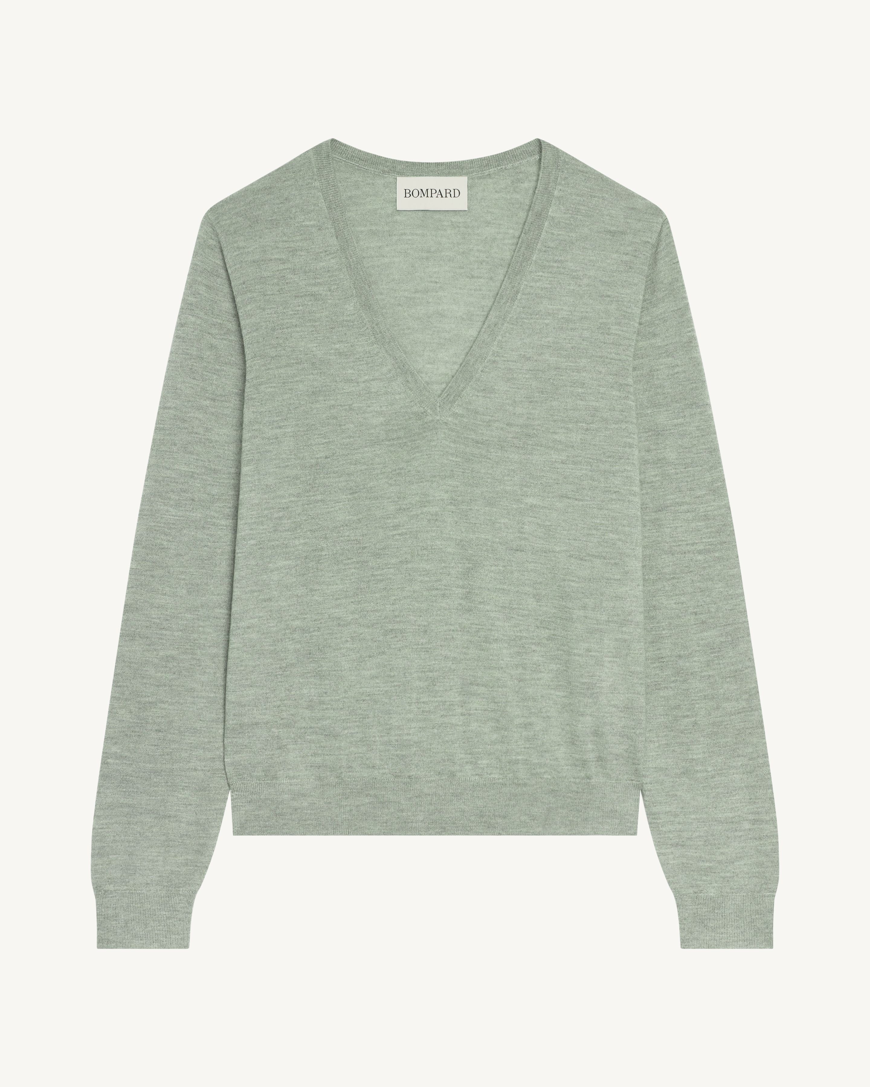 Pull col V Faustine-VERT DE GRIS-100% cachemire