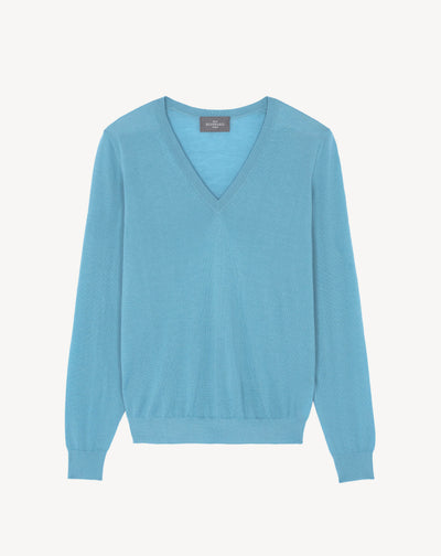 Pull col V ultrafin-BLEU HERON-100% cachemire