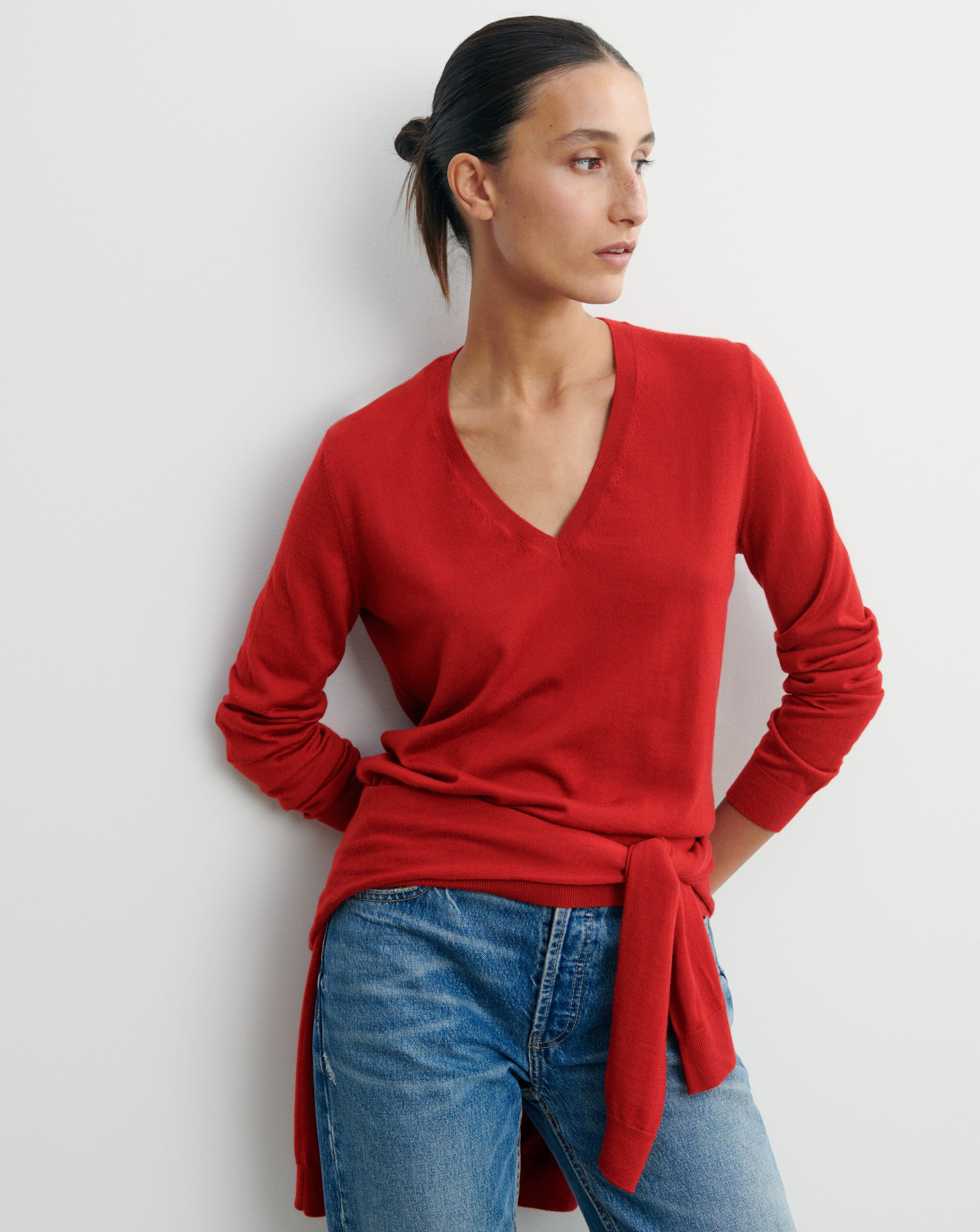 Pull col V ultrafin-ROUGE TANGO-100% cachemire