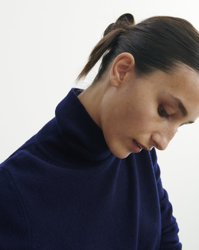 Pull col roulé classique-MARINE-100% cachemire