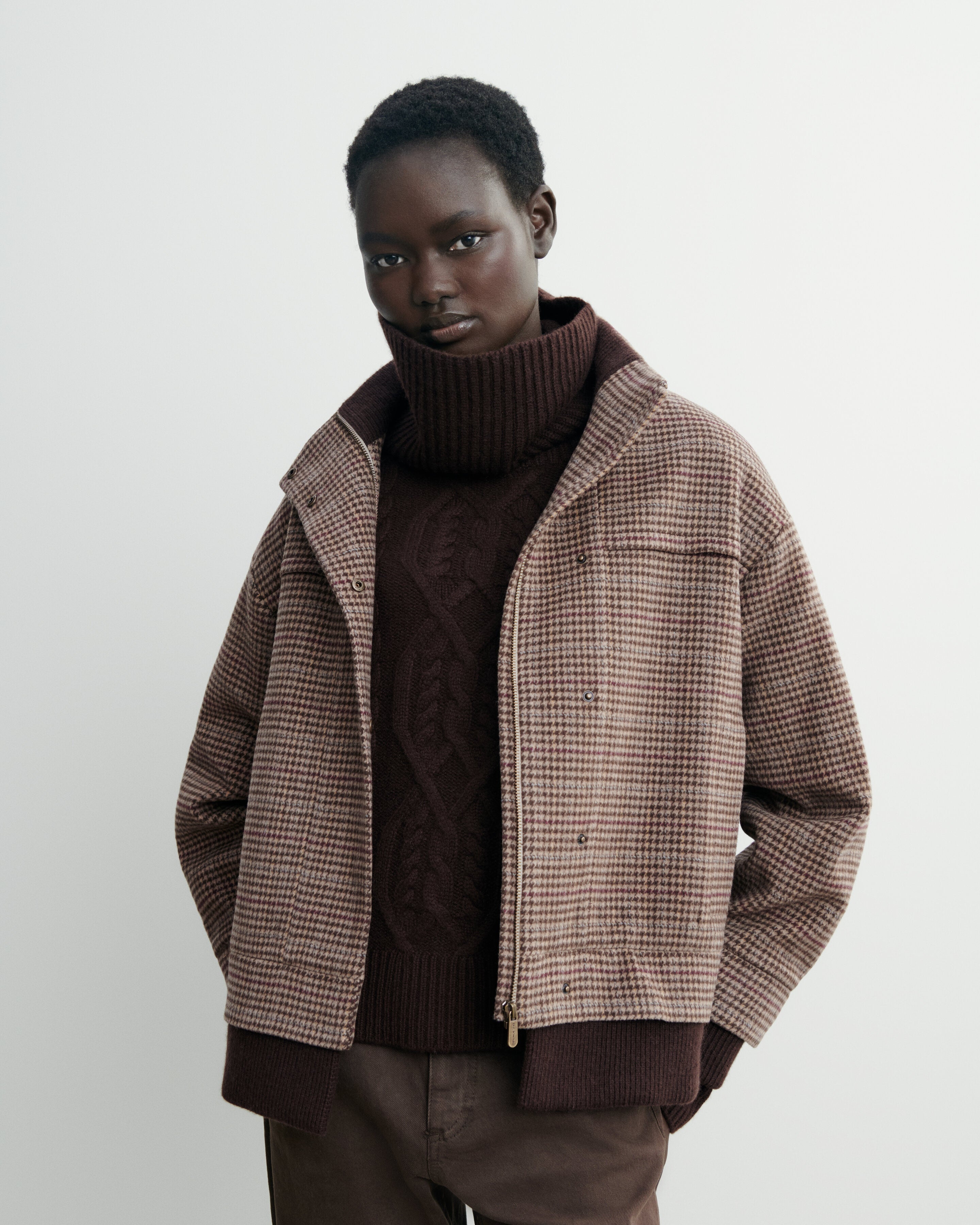 Bomber pied de poule-MILLET/CHOCOLAT-48% yack 47% laine 5% cachemire Bords-côtes : 50% laine 50% cachemire Doublure : 55% polyester 45% viscose