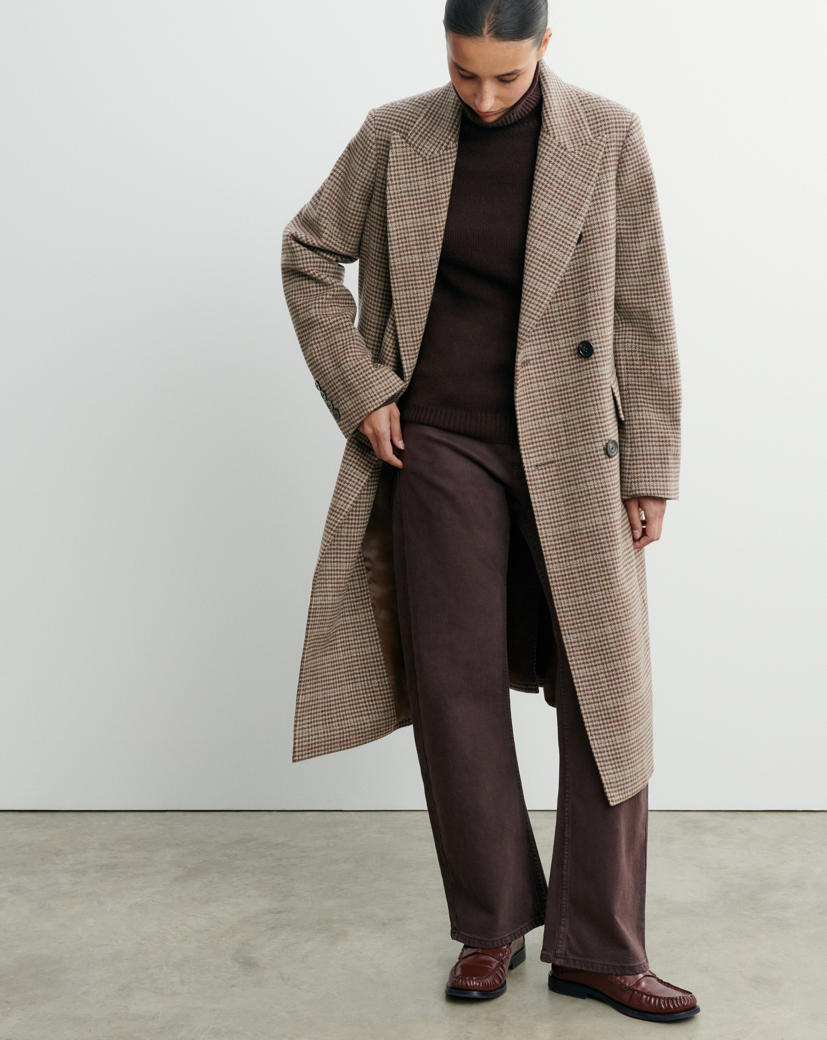 Houndstooth coat in Cashmere, Yak Women millet/chocolate brown