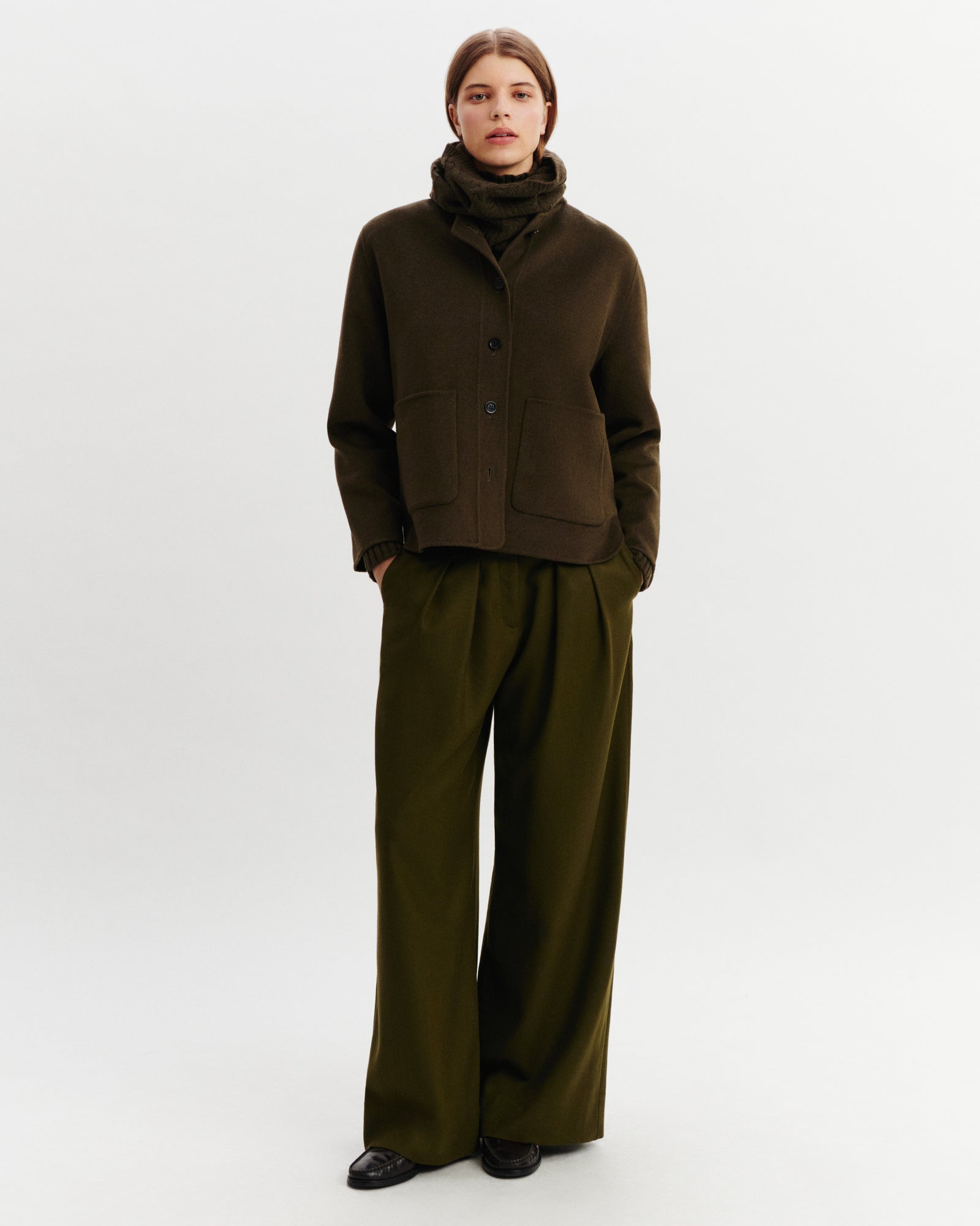 Veste double face sans col-KAKI KOMBU-90% laine 10% cachemire