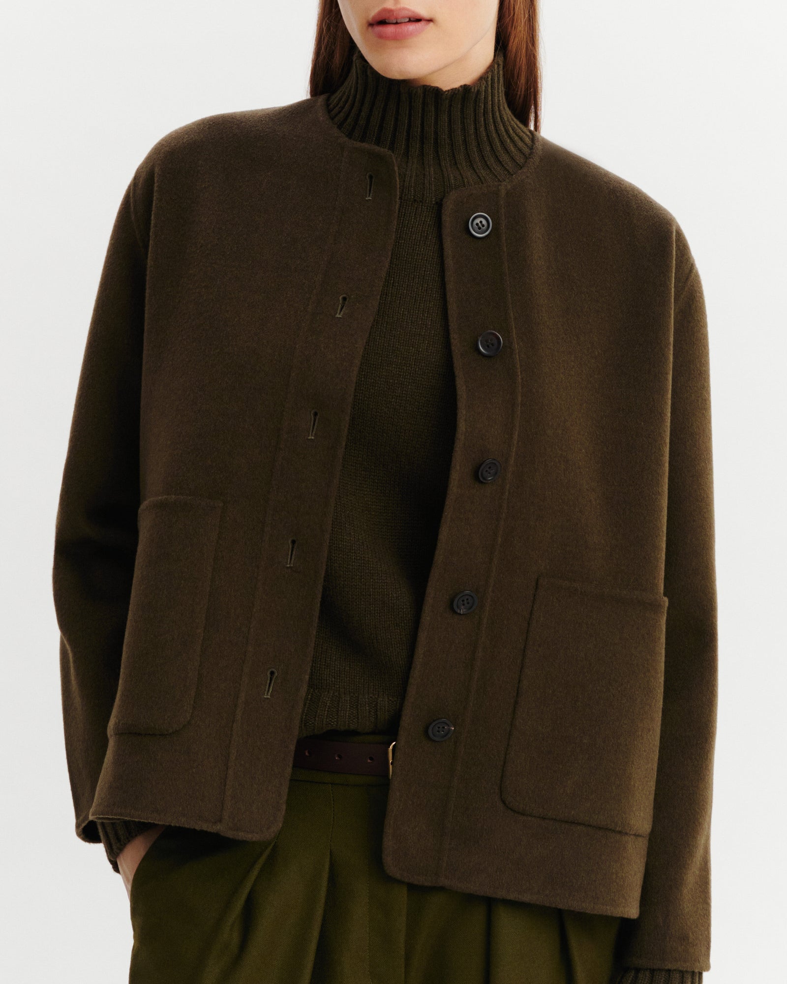 Veste double face sans col-KAKI KOMBU-90% laine 10% cachemire