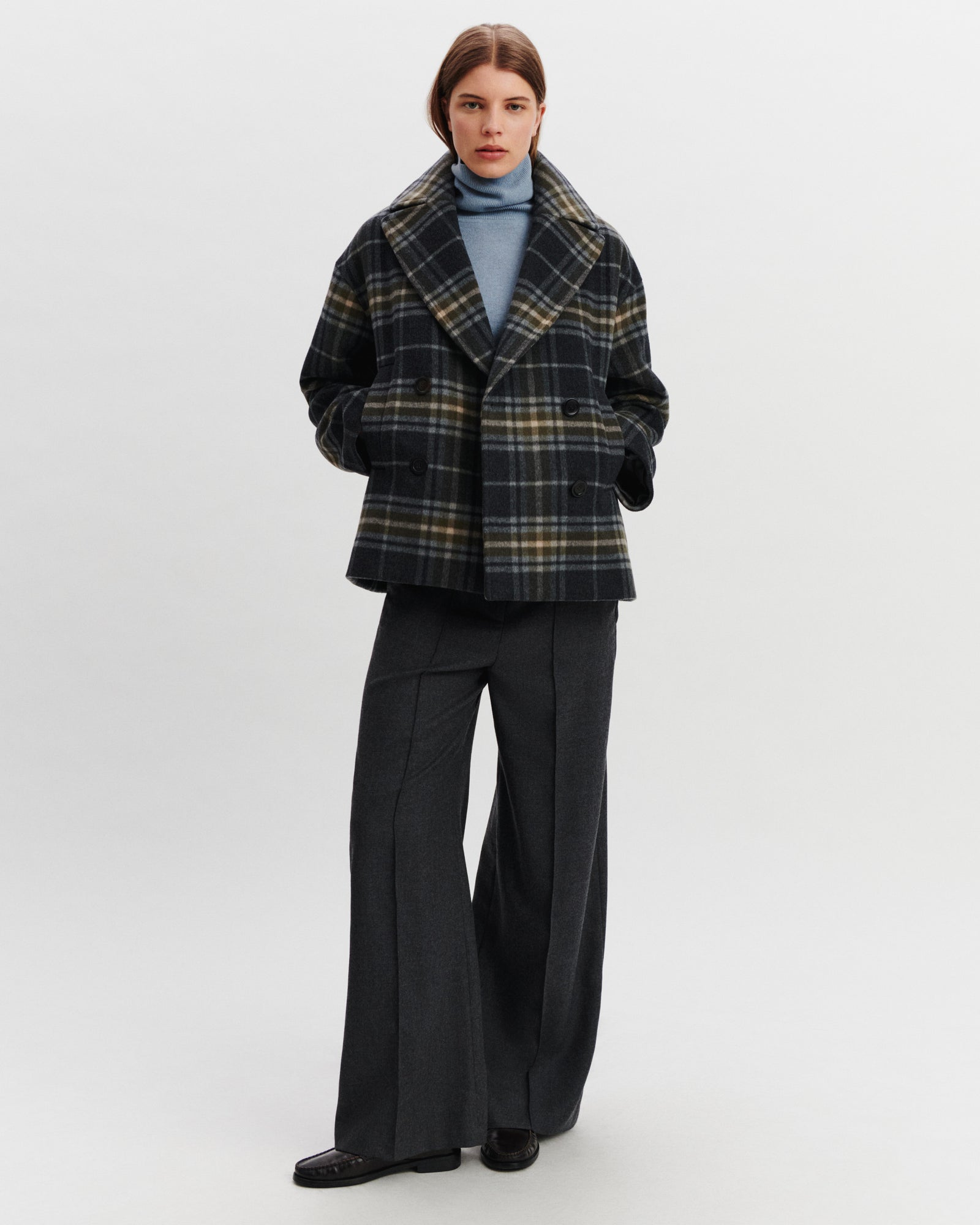 Manteau court tartan-CHARBON/OLIVE-90% laine 10% cachemire