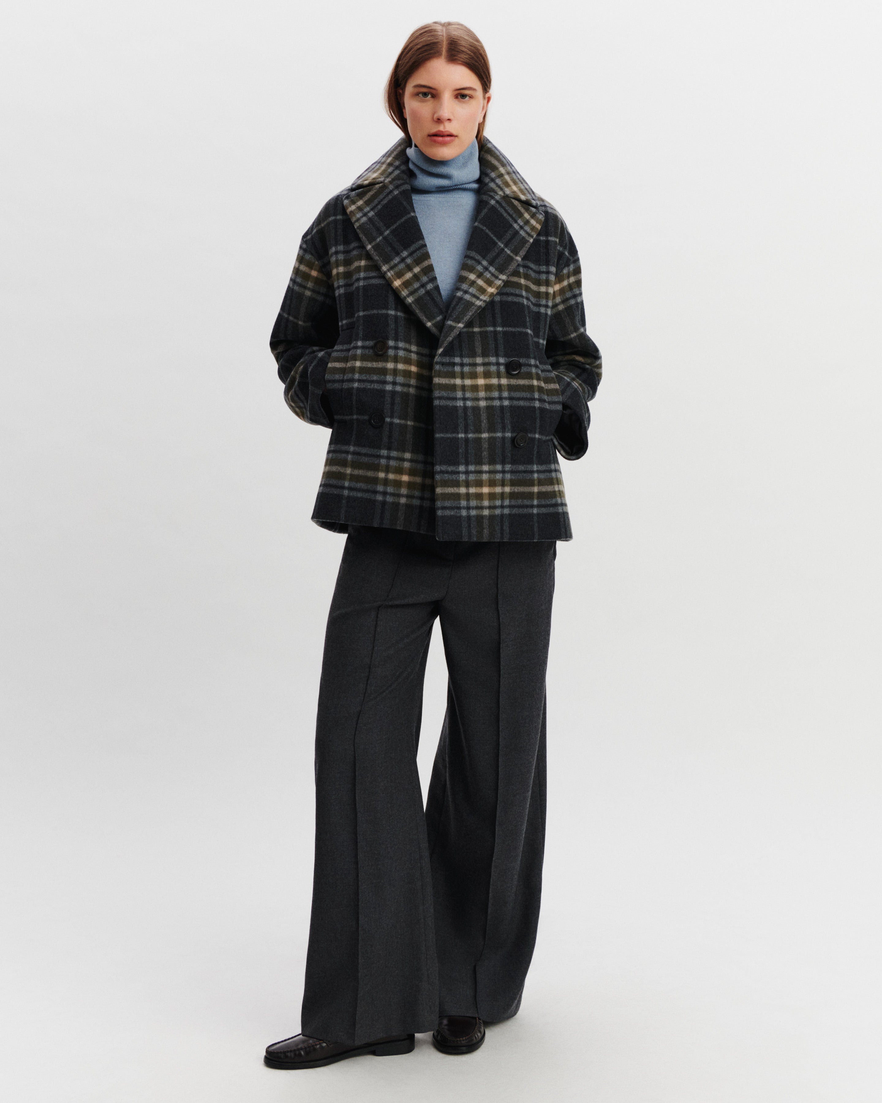 Manteau court tartan-CHARBON/OLIVE-90% laine 10% cachemire