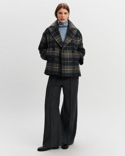 Manteau court tartan-CHARBON/OLIVE-90% laine 10% cachemire