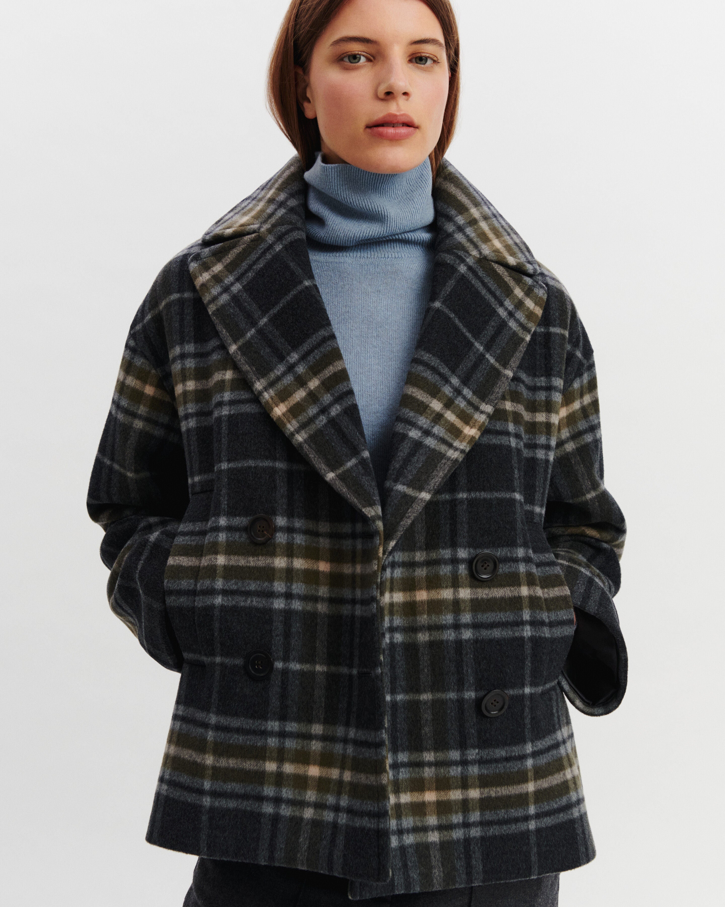 Manteau court tartan-CHARBON/OLIVE-90% laine 10% cachemire