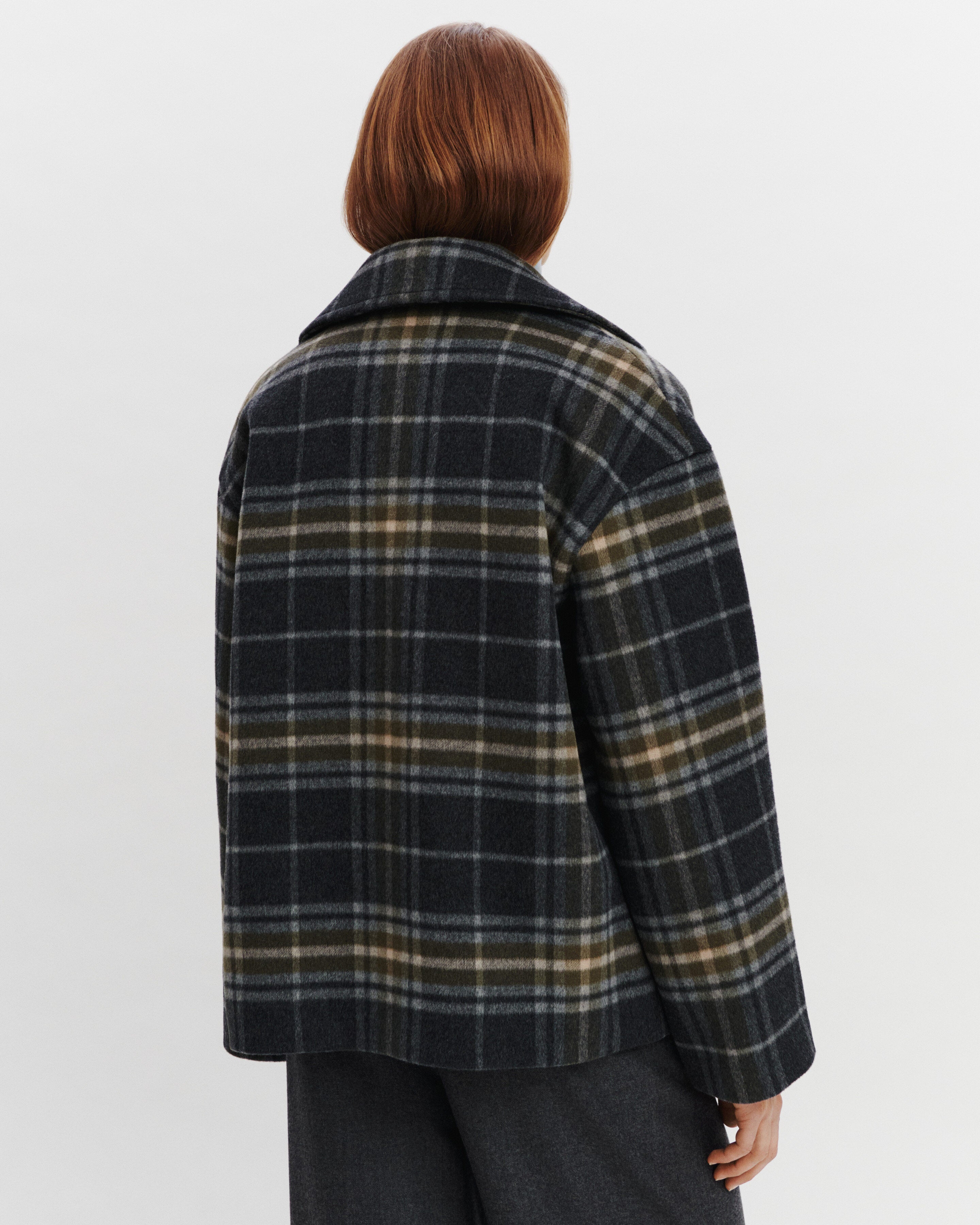 Manteau court tartan-CHARBON/OLIVE-90% laine 10% cachemire