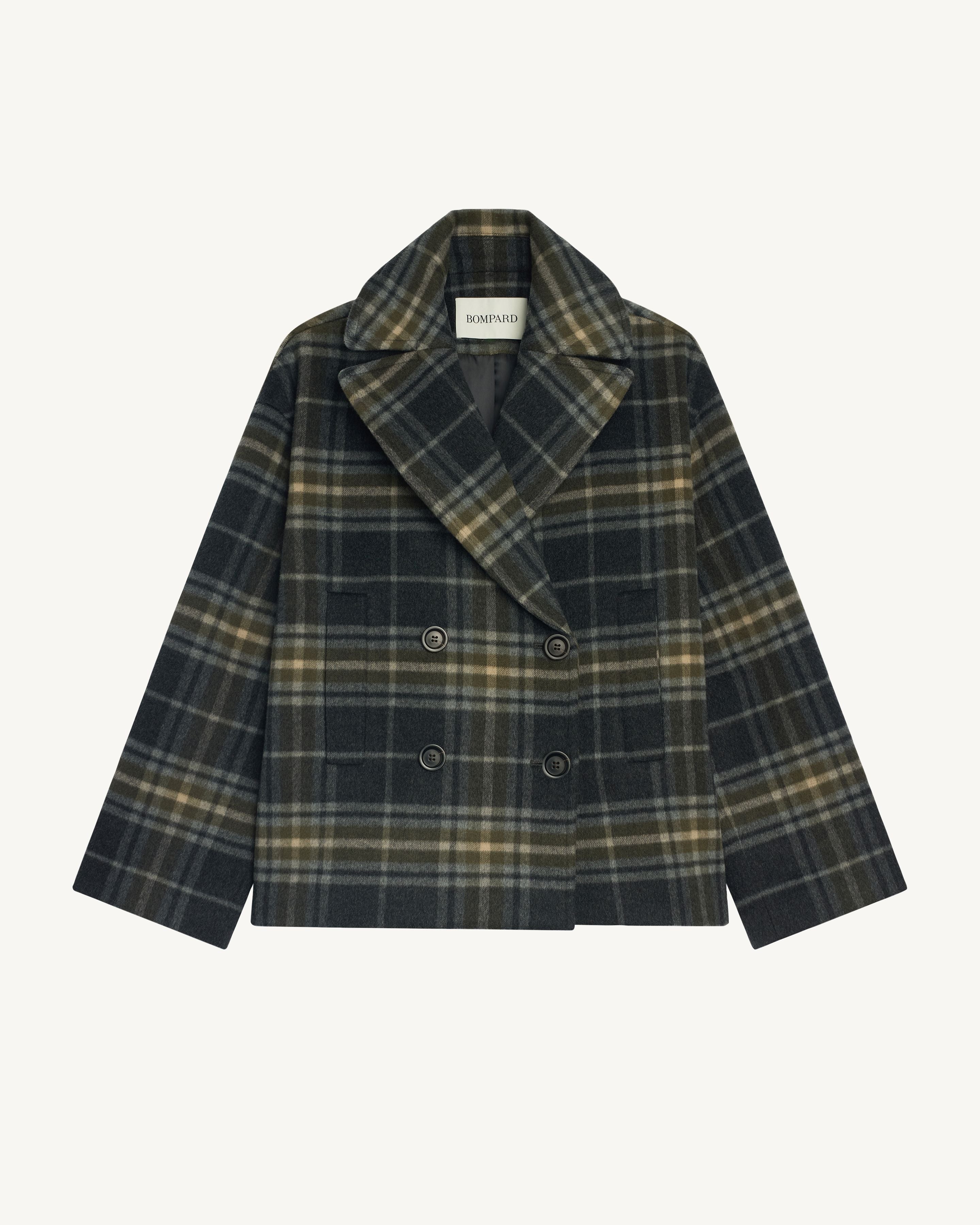 Manteau court tartan-CHARBON/OLIVE-90% laine 10% cachemire