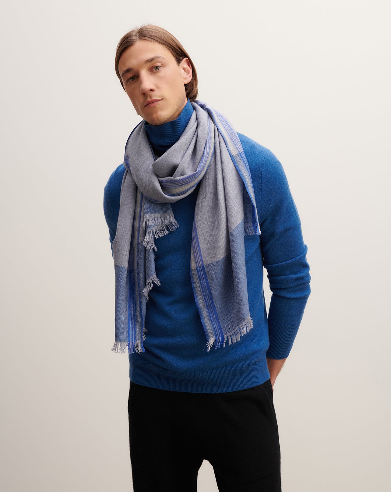 Etole maxi tartan-BLEU MONTAGNE-100% cachemire