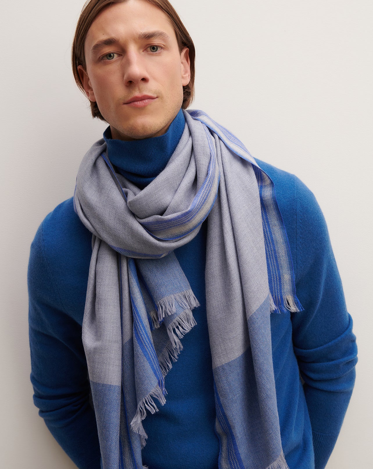 Etole maxi tartan-BLEU MONTAGNE-100% cachemire