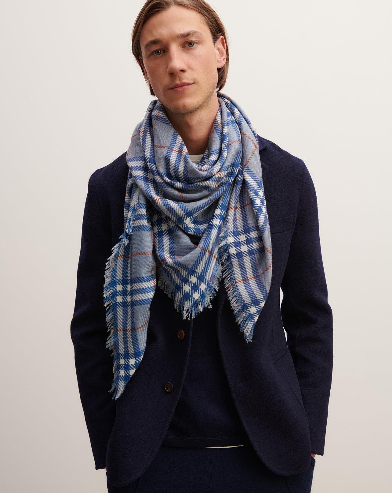 Carré en twill imprimé-BLEU MONTAGNE/ERABLE-100% cachemire