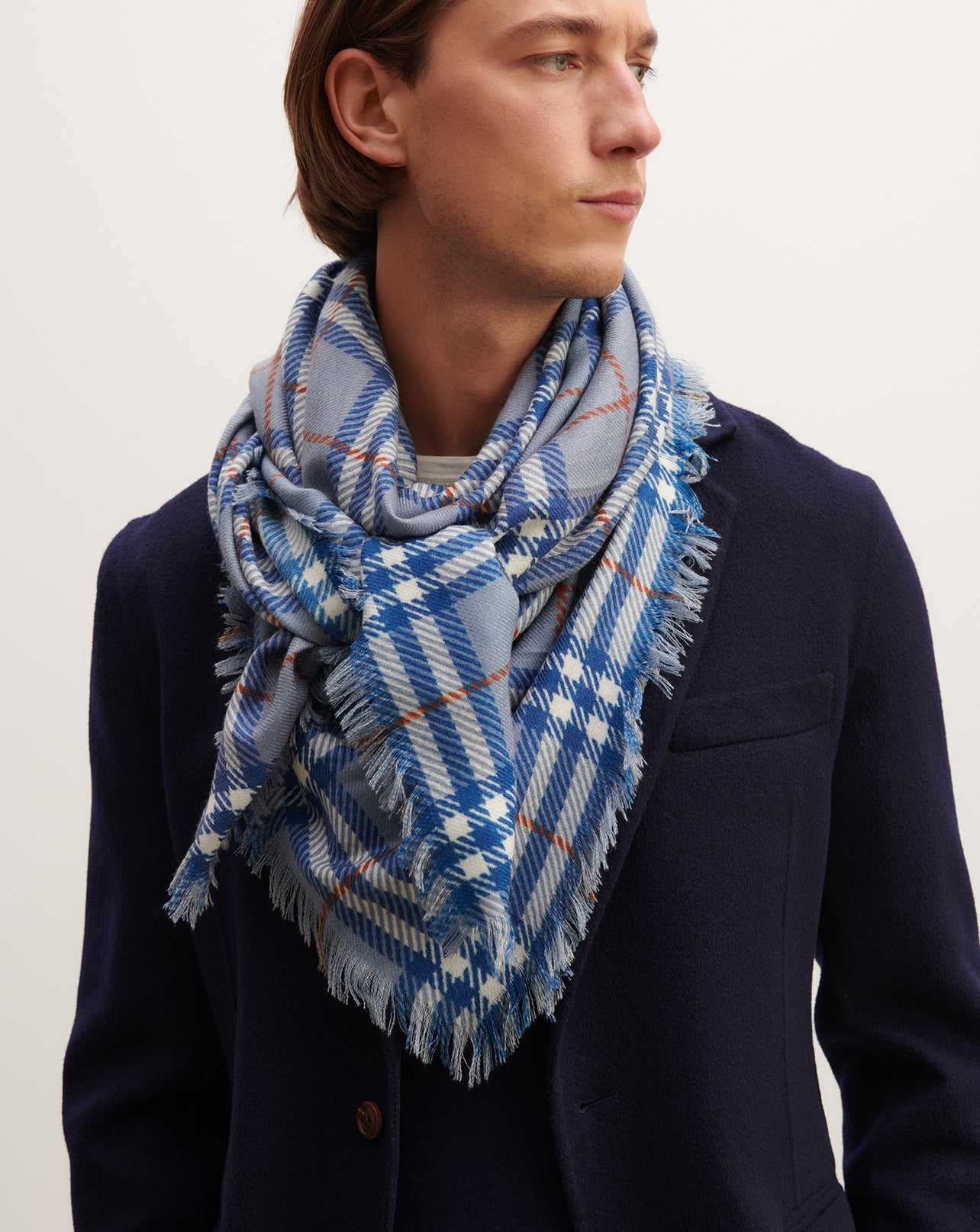 Carré en twill imprimé-BLEU MONTAGNE/ERABLE-100% cachemire