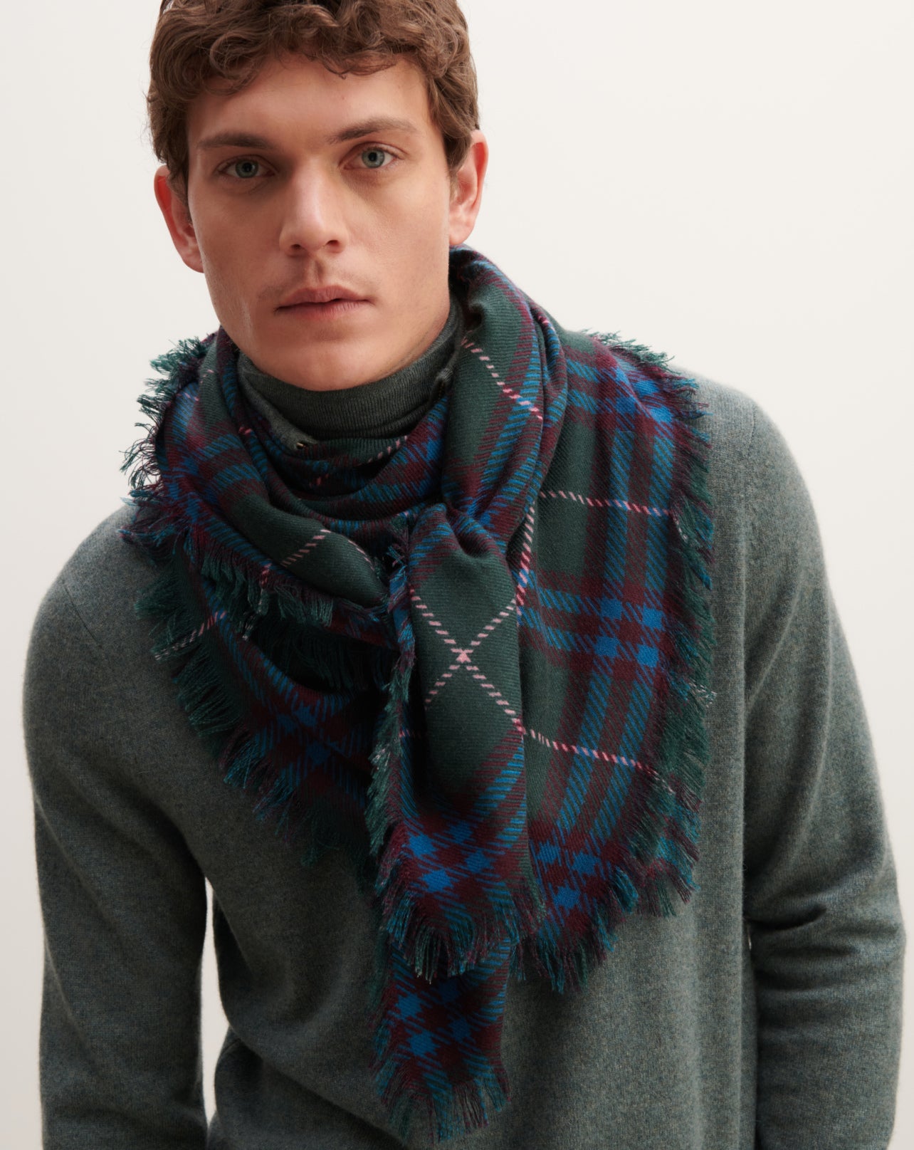 Carré en twill imprimé-VERT ZURICH/BLEU PAON-100% cachemire