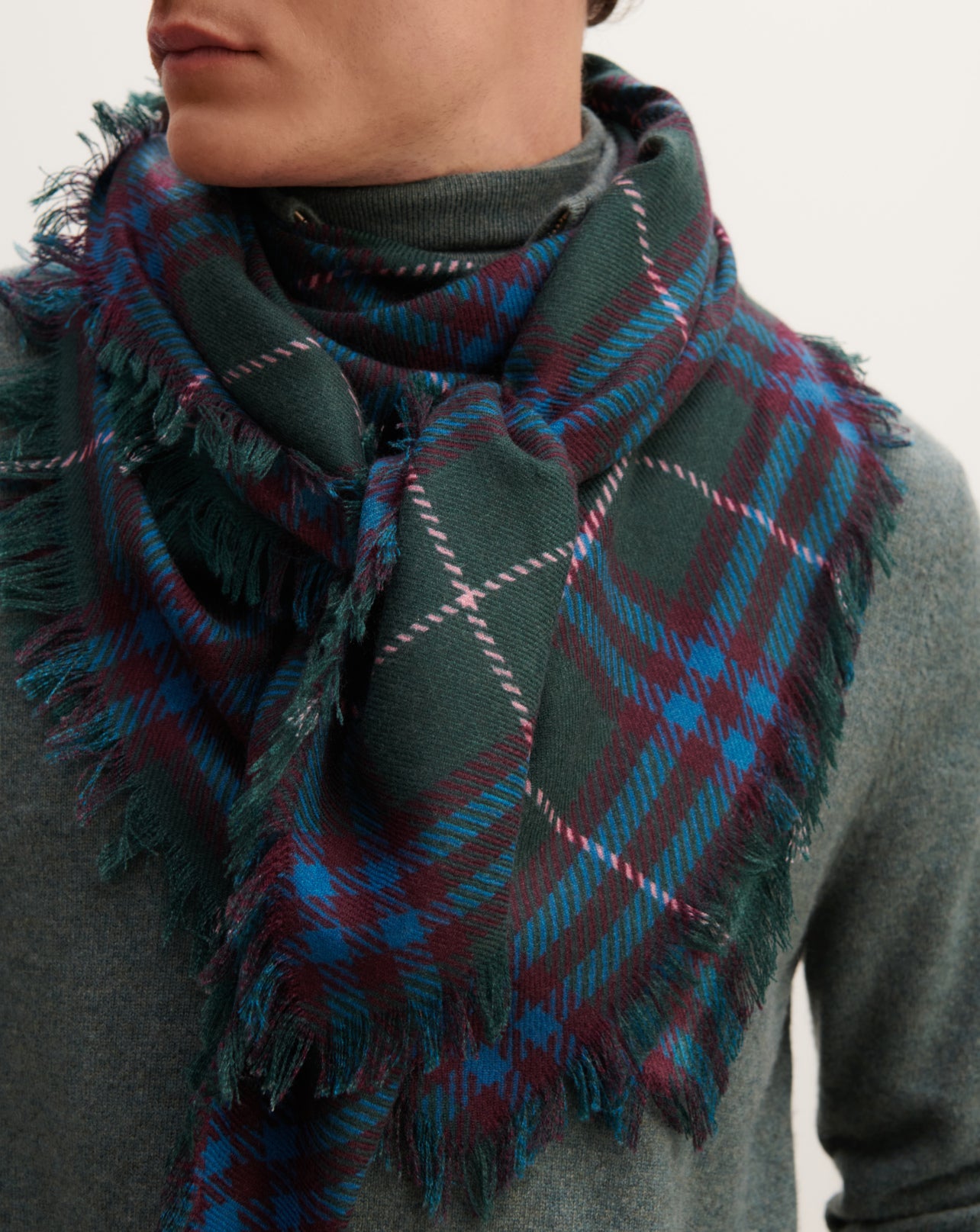 Carré en twill imprimé-VERT ZURICH/BLEU PAON-100% cachemire