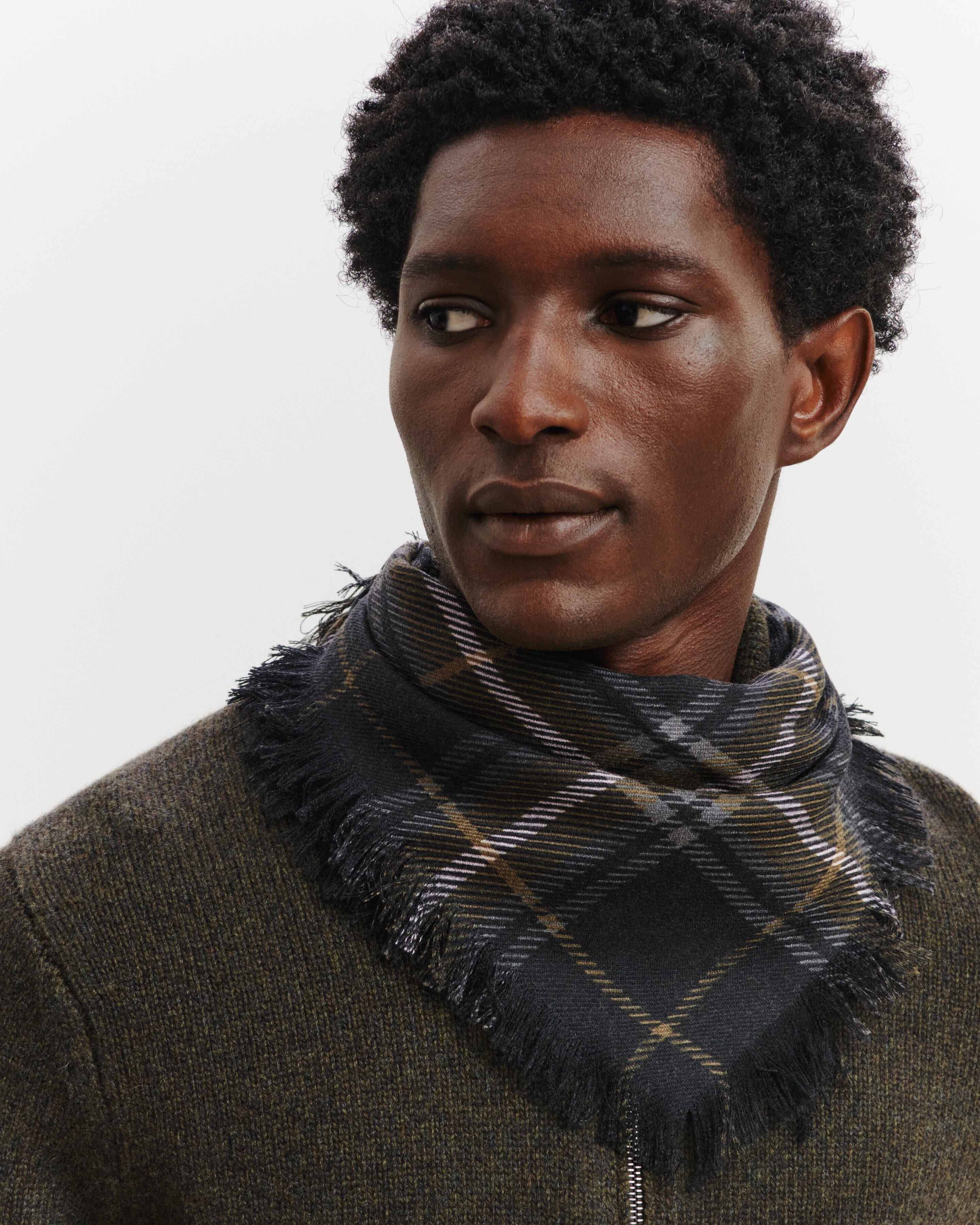Mini carré imprimé tartan -CHARBON/OLIVE-100% cachemire