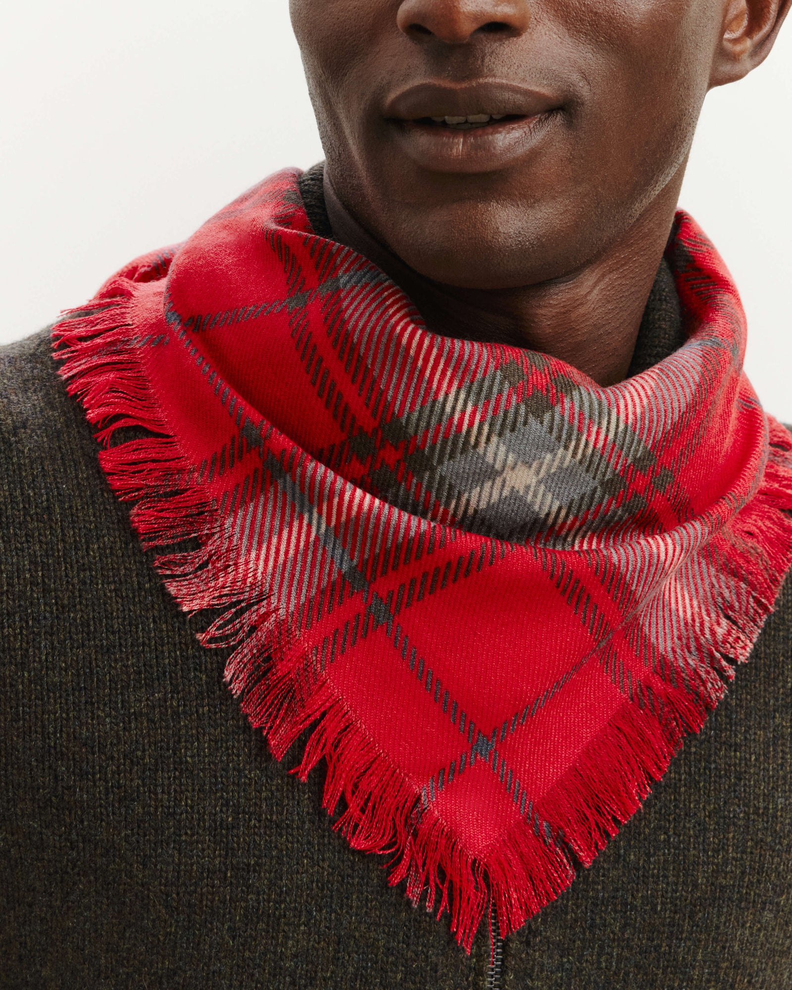 Mini carré imprimé tartan -ROUGE QUARANTE/GRIS METEORITE-100% cachemire