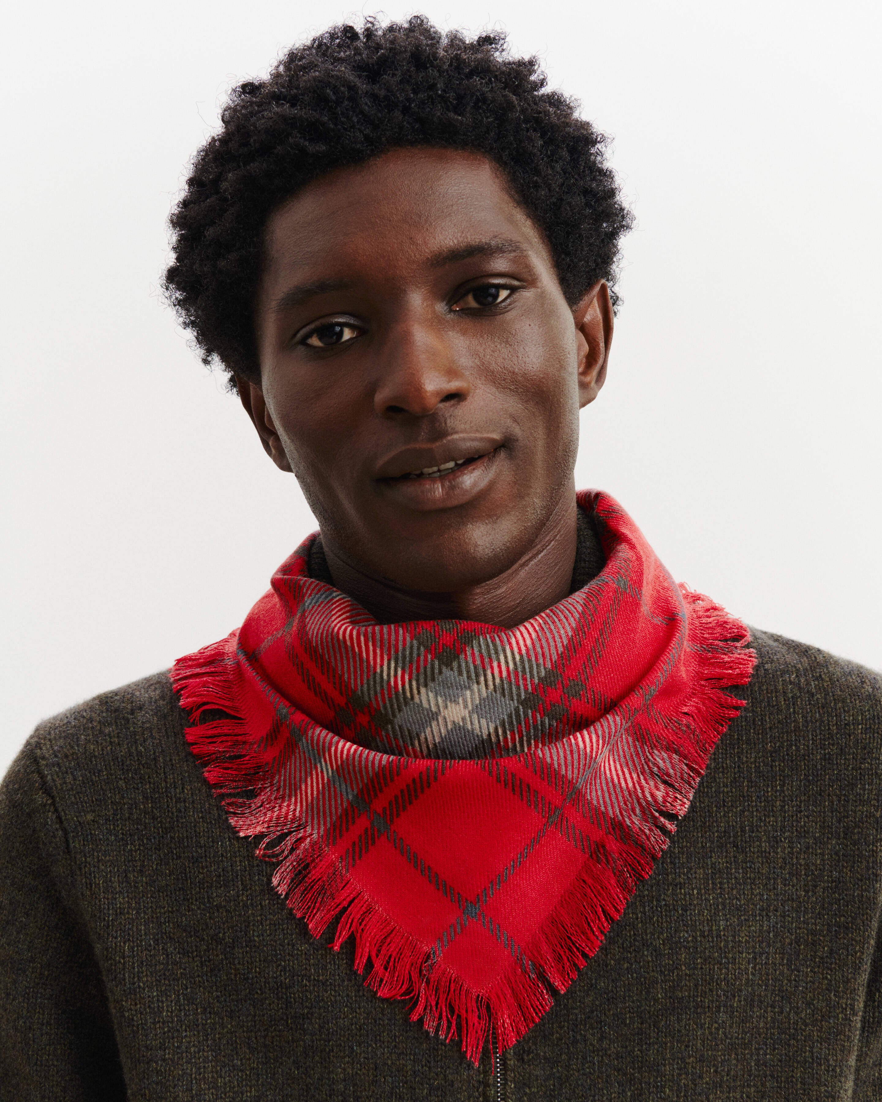 Mini carré imprimé tartan -ROUGE QUARANTE/GRIS METEORITE-100% cachemire