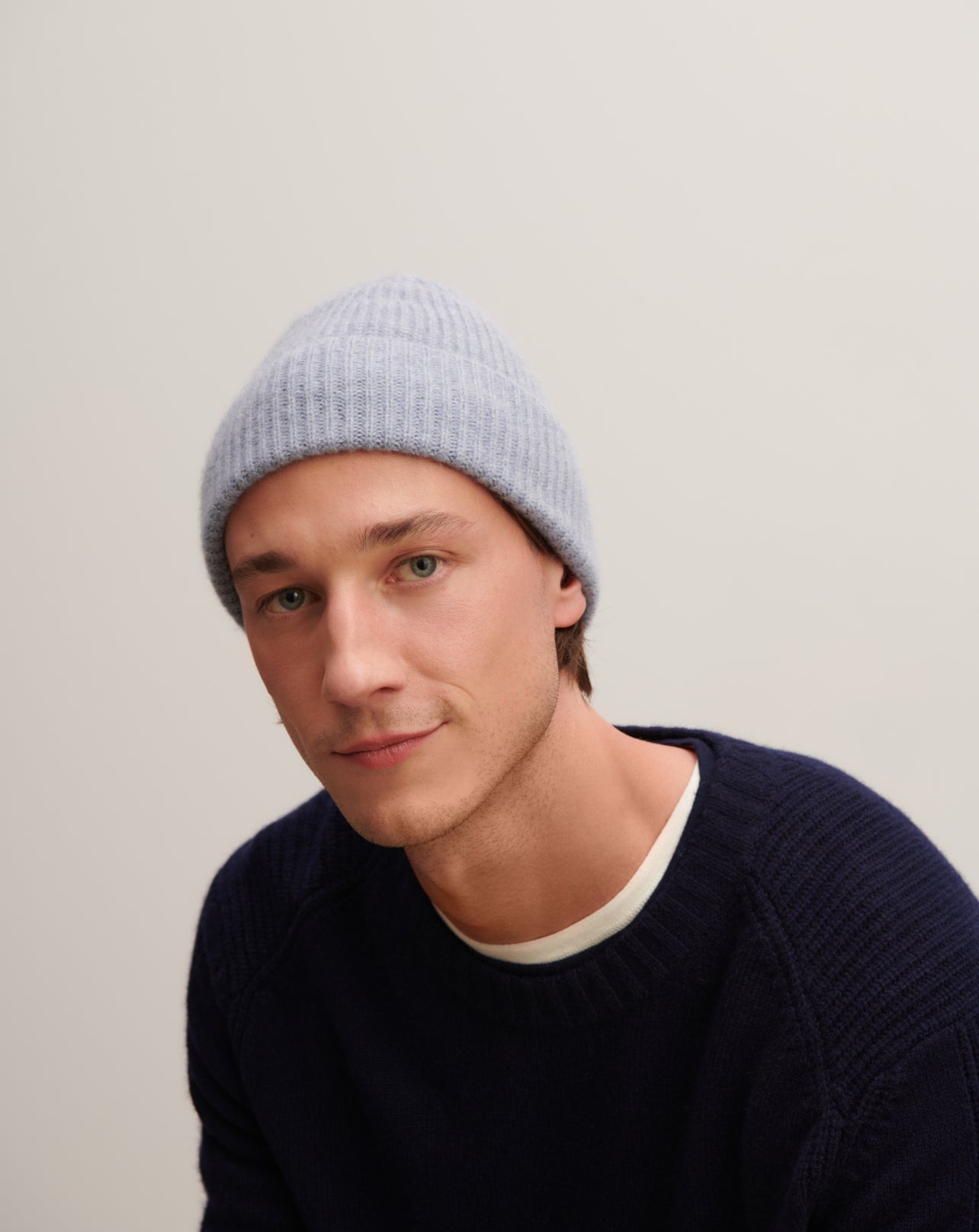 Bonnet à côtes-BLEU MONTAGNE-100% cachemire