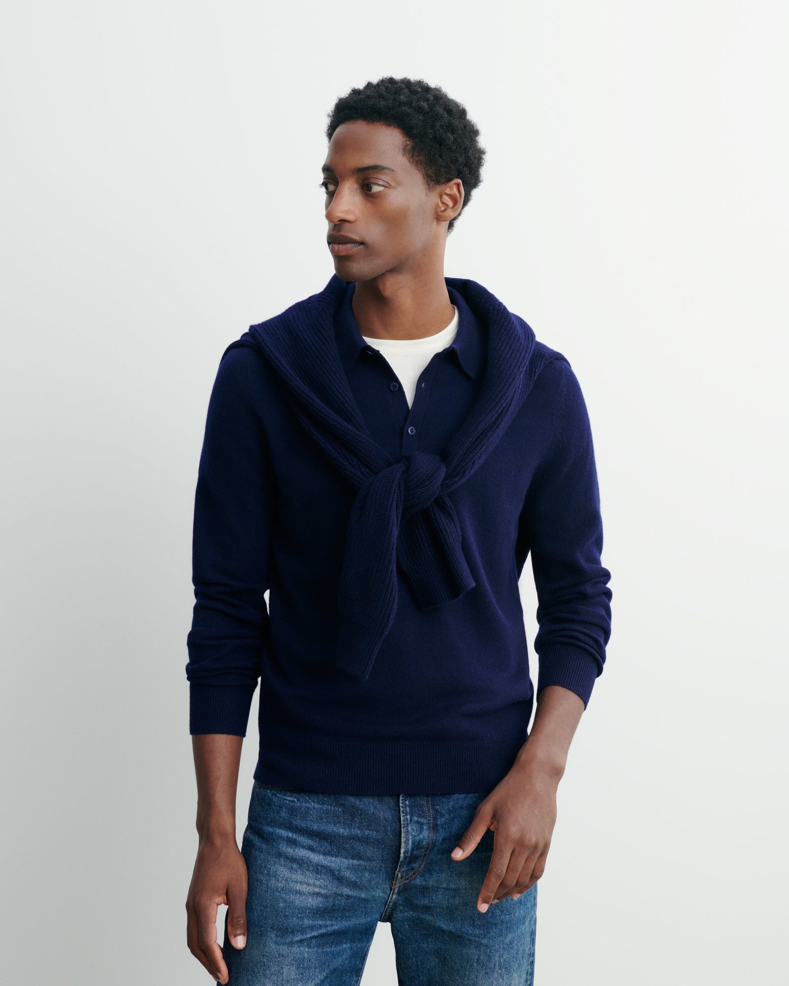 Polo manches longues-MARINE-100% cachemire