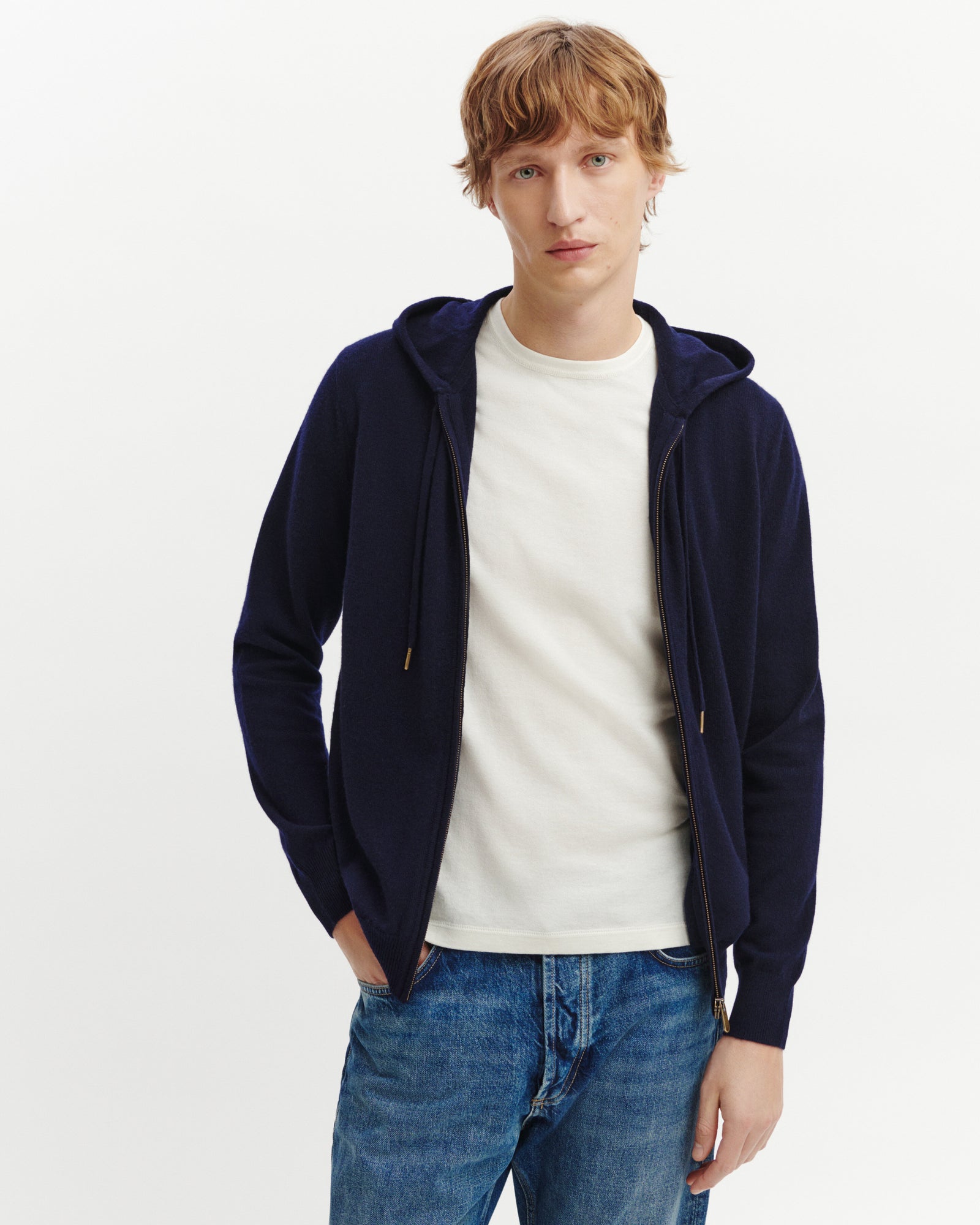 Hoodie zippé-MARINE-100% cachemire