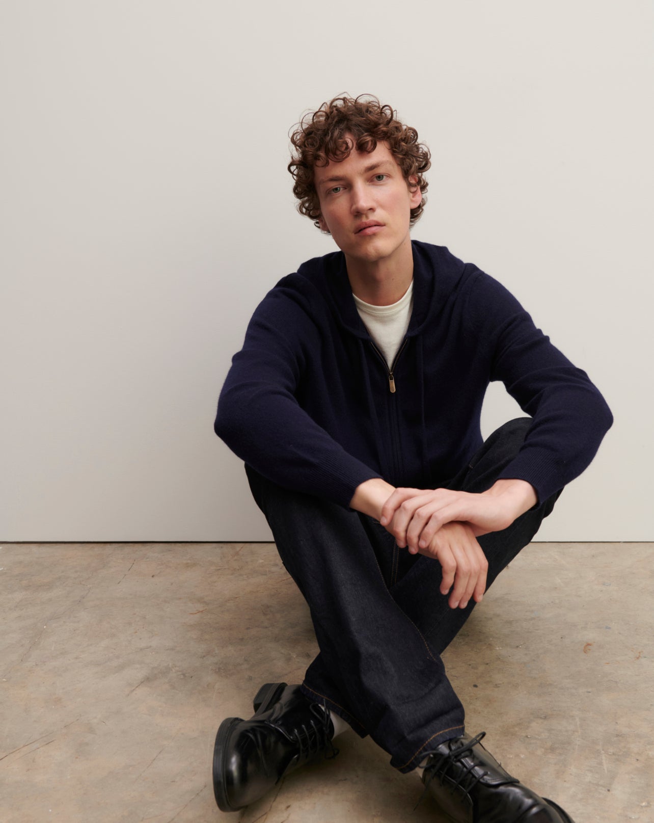 Hoodie zippé-MARINE-100% cachemire