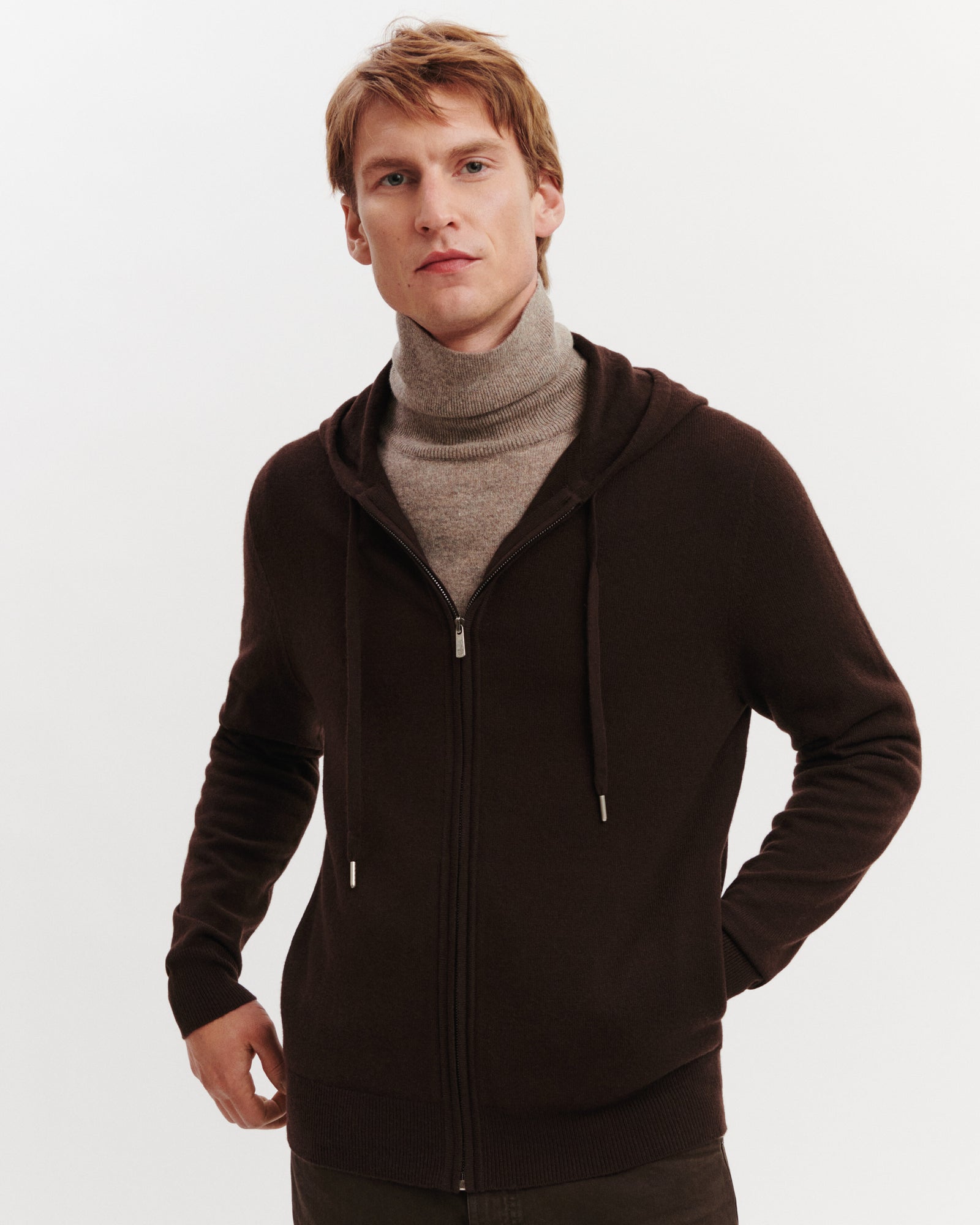 Pull à capuche zippé-CHOCOLAT-100% cachemire