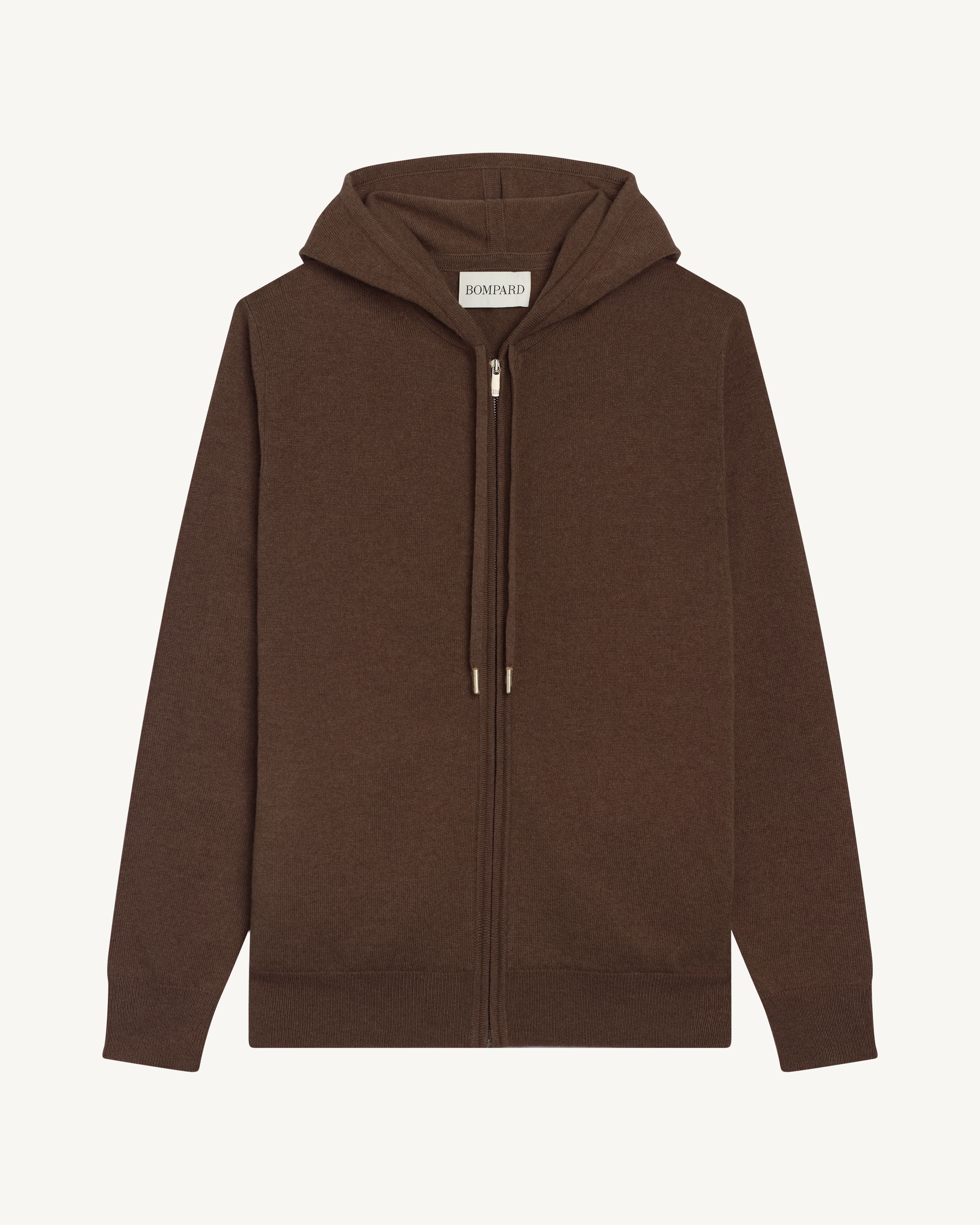 Pull à capuche zippé-CHOCOLAT-100% cachemire