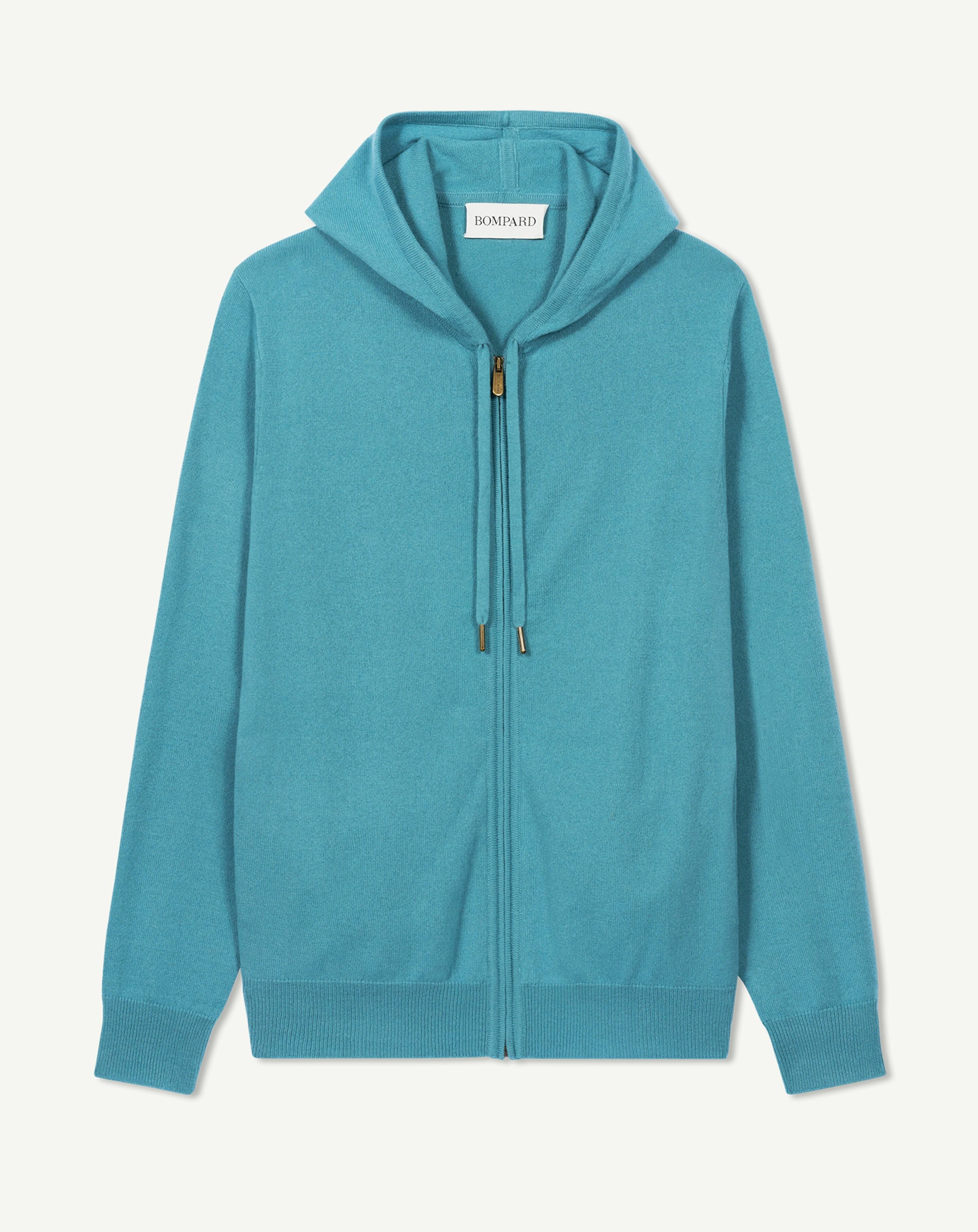 Pull à capuche zippé-BLEU ARCHIPEL-100% cachemire