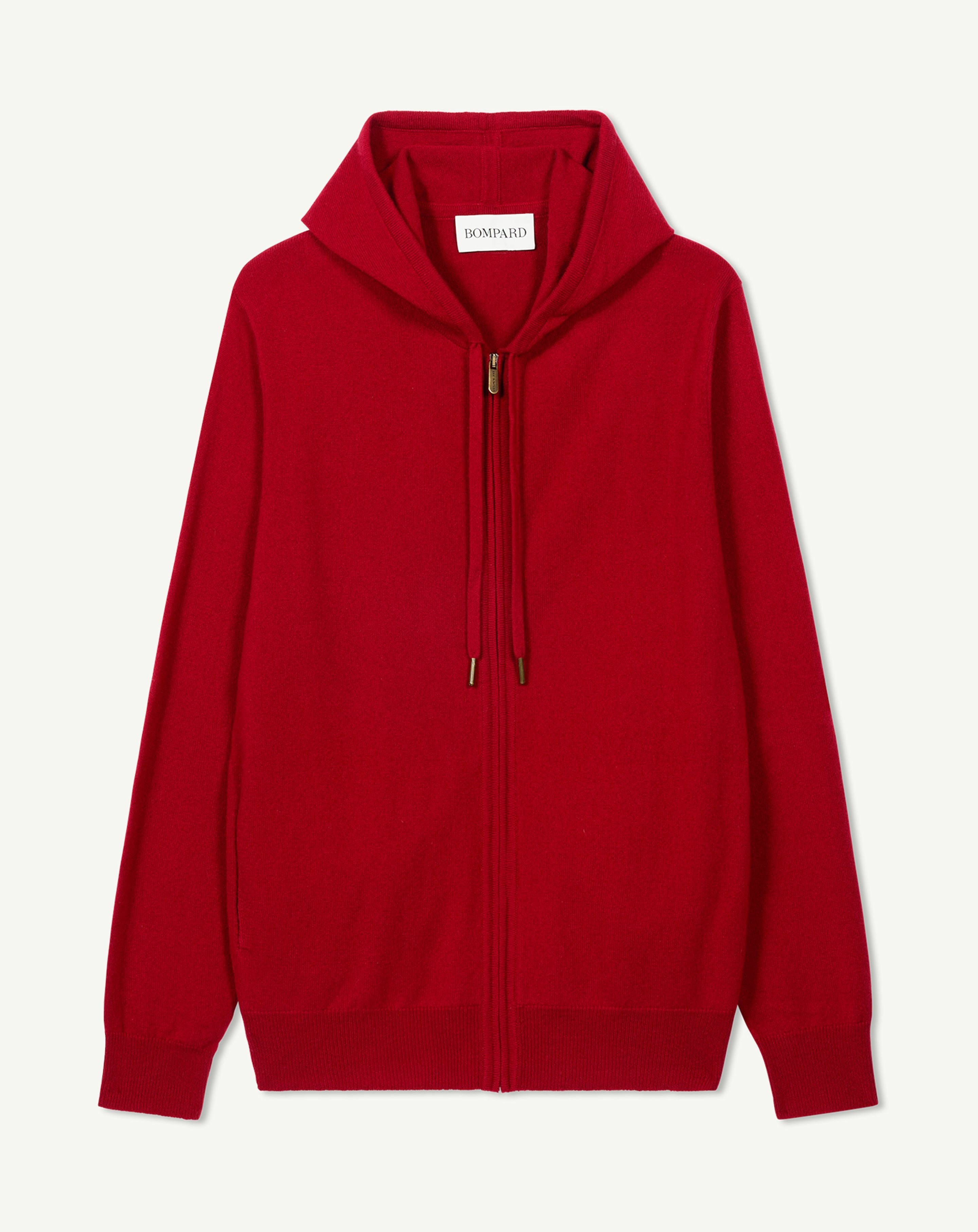Pull à capuche zippé-ROUGE TANGO-100% cachemire