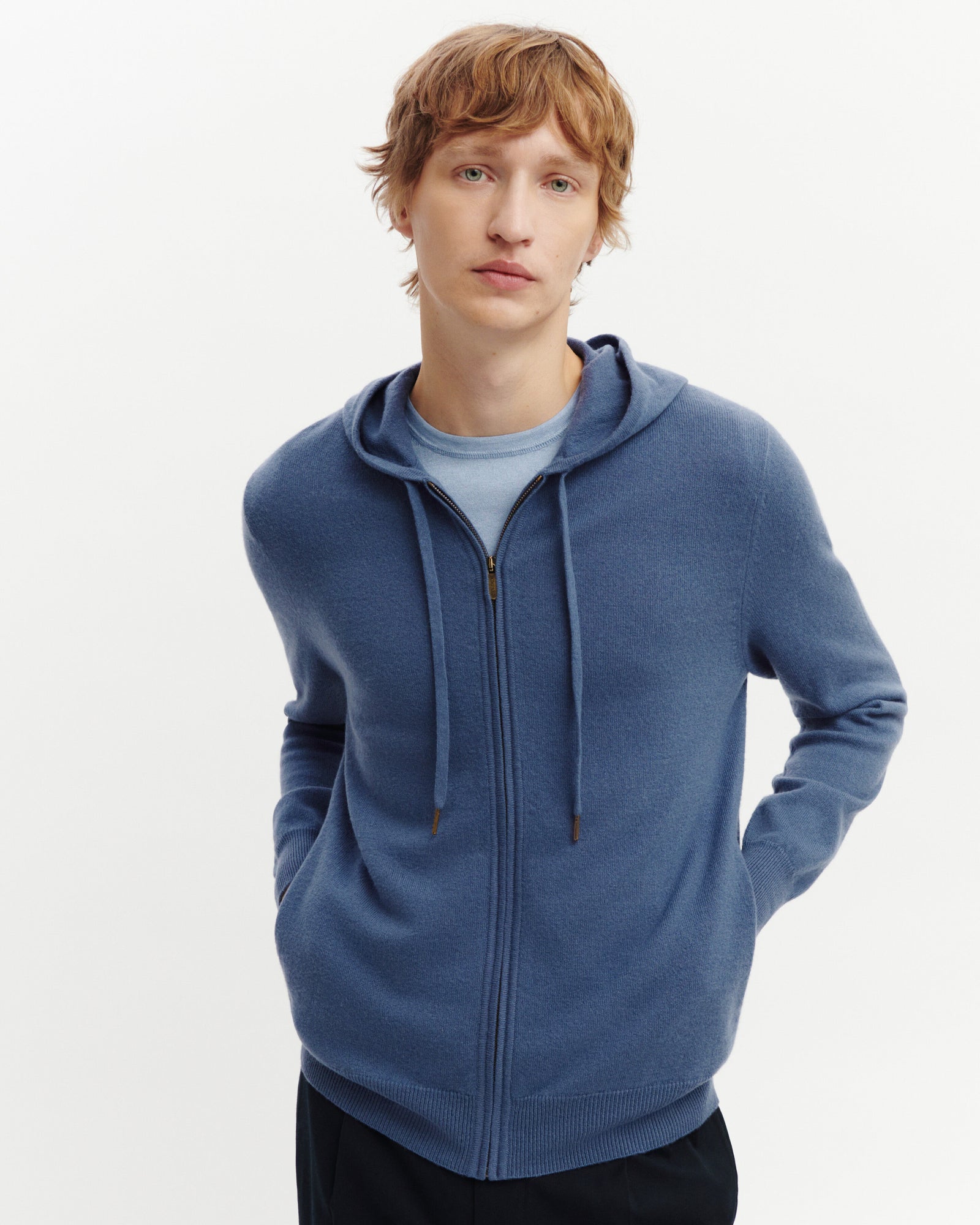 Pull à capuche zippé-BLEU ATLAS-100% cachemire