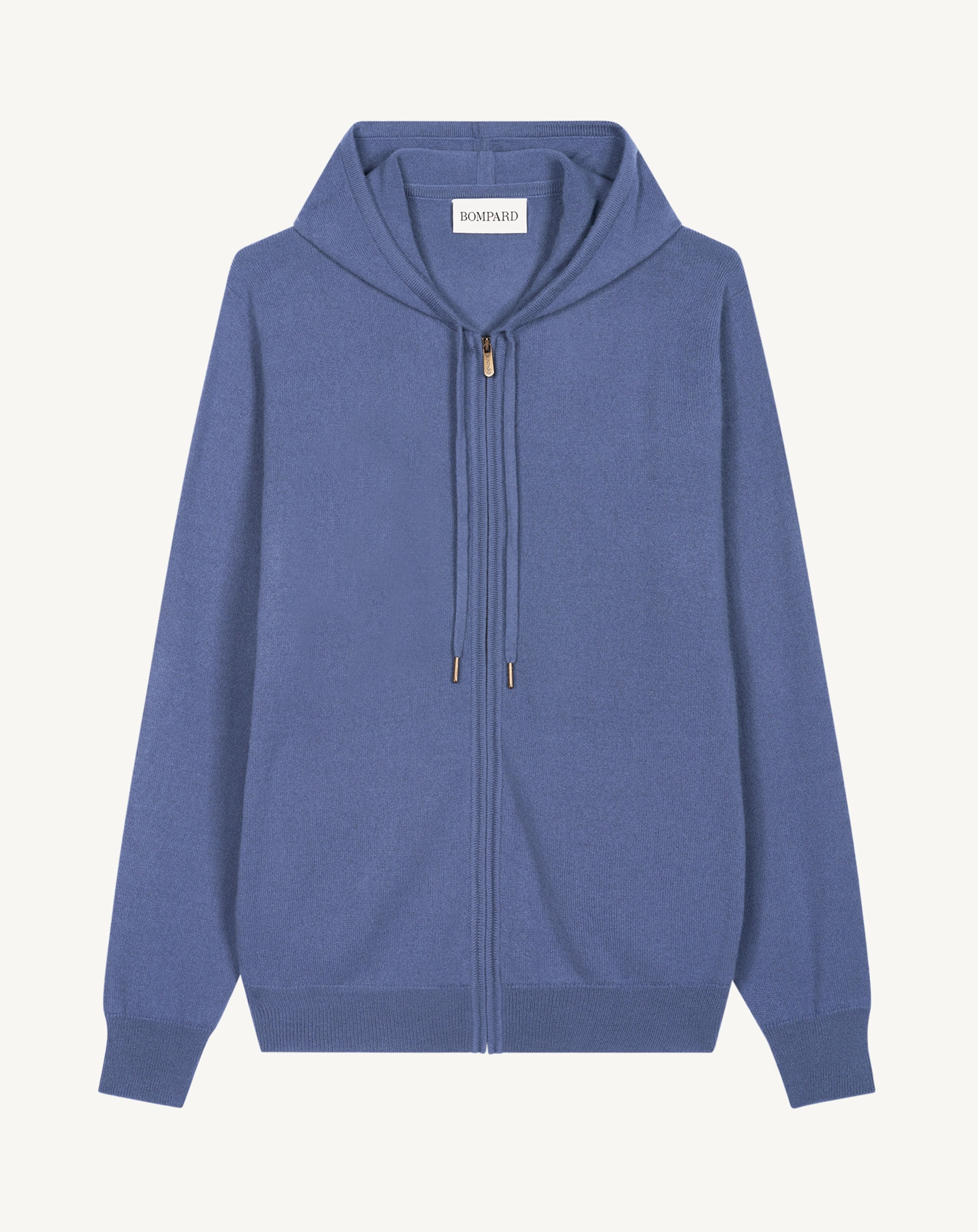 Pull à capuche zippé-BLEU ATLAS-100% cachemire
