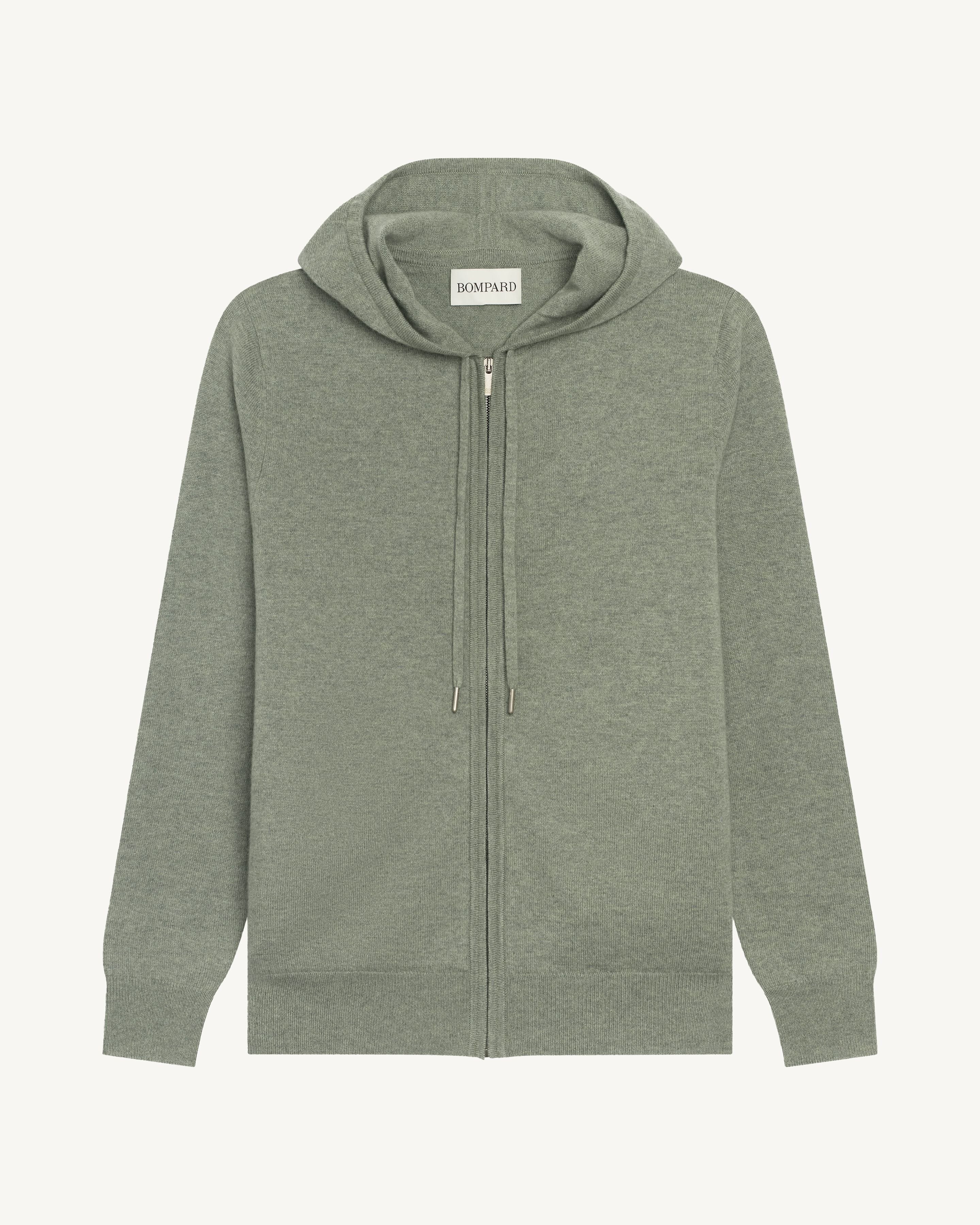 Pull à capuche zippé-VERT DE GRIS-100% cachemire