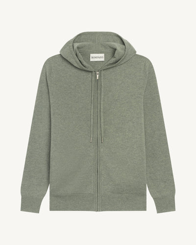 Pull à capuche zippé-VERT DE GRIS-100% cachemire