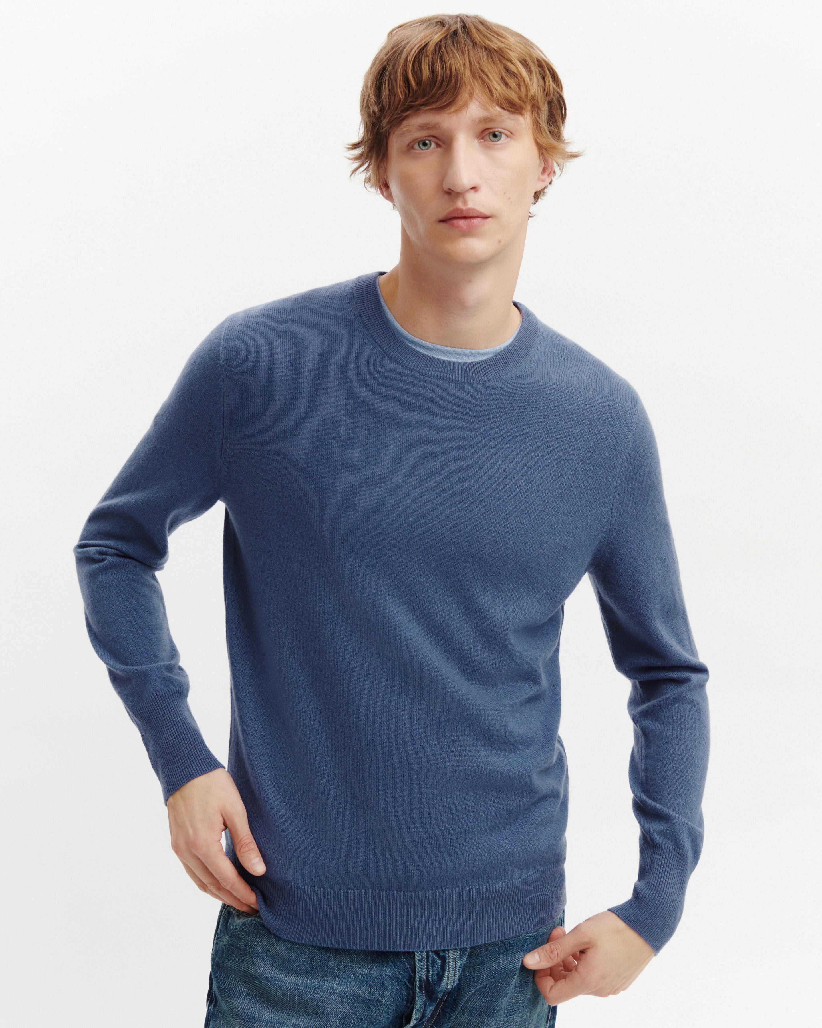 Pull col rond classique-BLEU ATLAS-100% cachemire