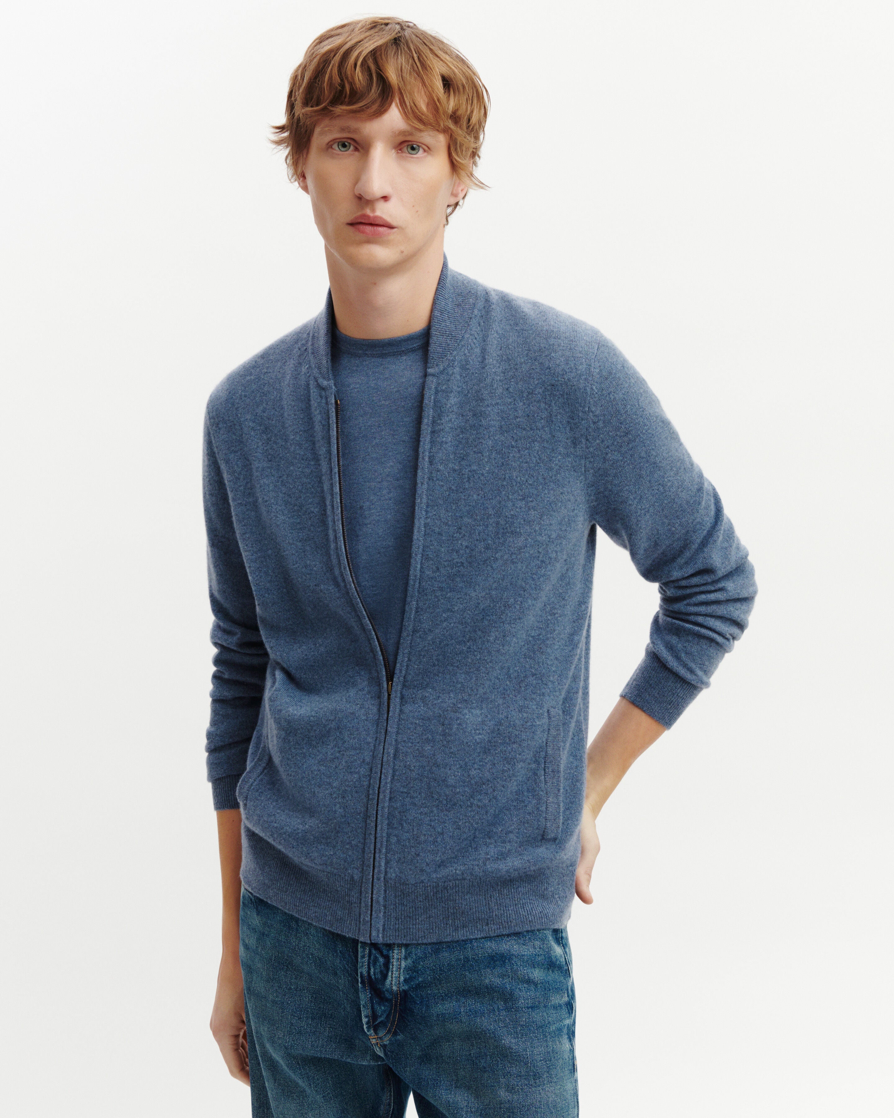 Gilet zippé-BLEU AVERSE-100% cachemire