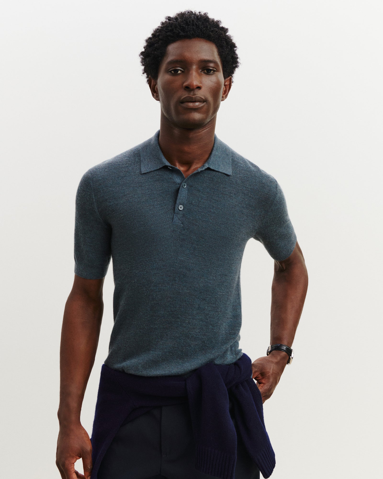 Polo piqué Flavio-BLEU GRANIT-85% pima coton 15% cachemire