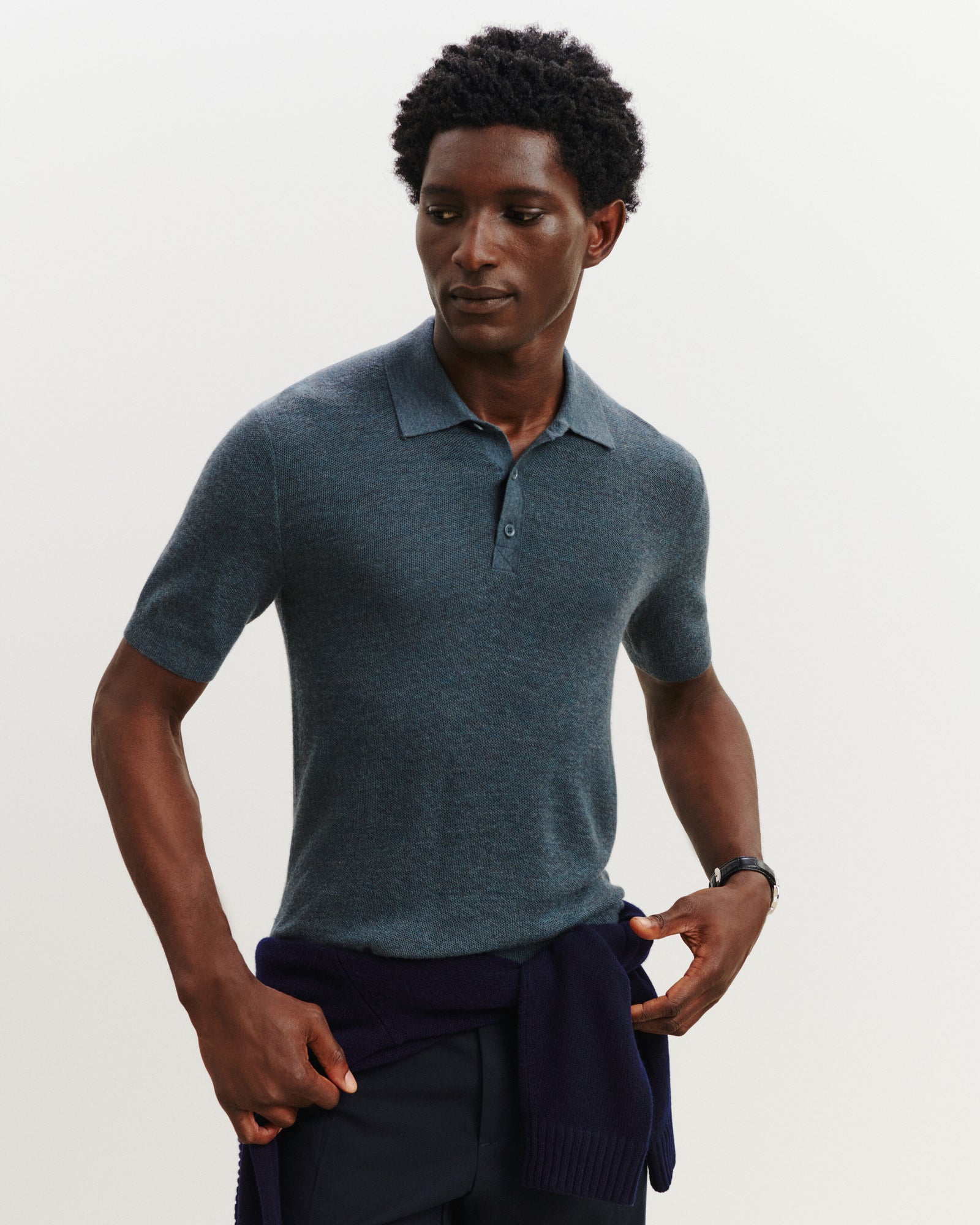 Polo piqué Flavio-BLEU GRANIT-85% pima coton 15% cachemire